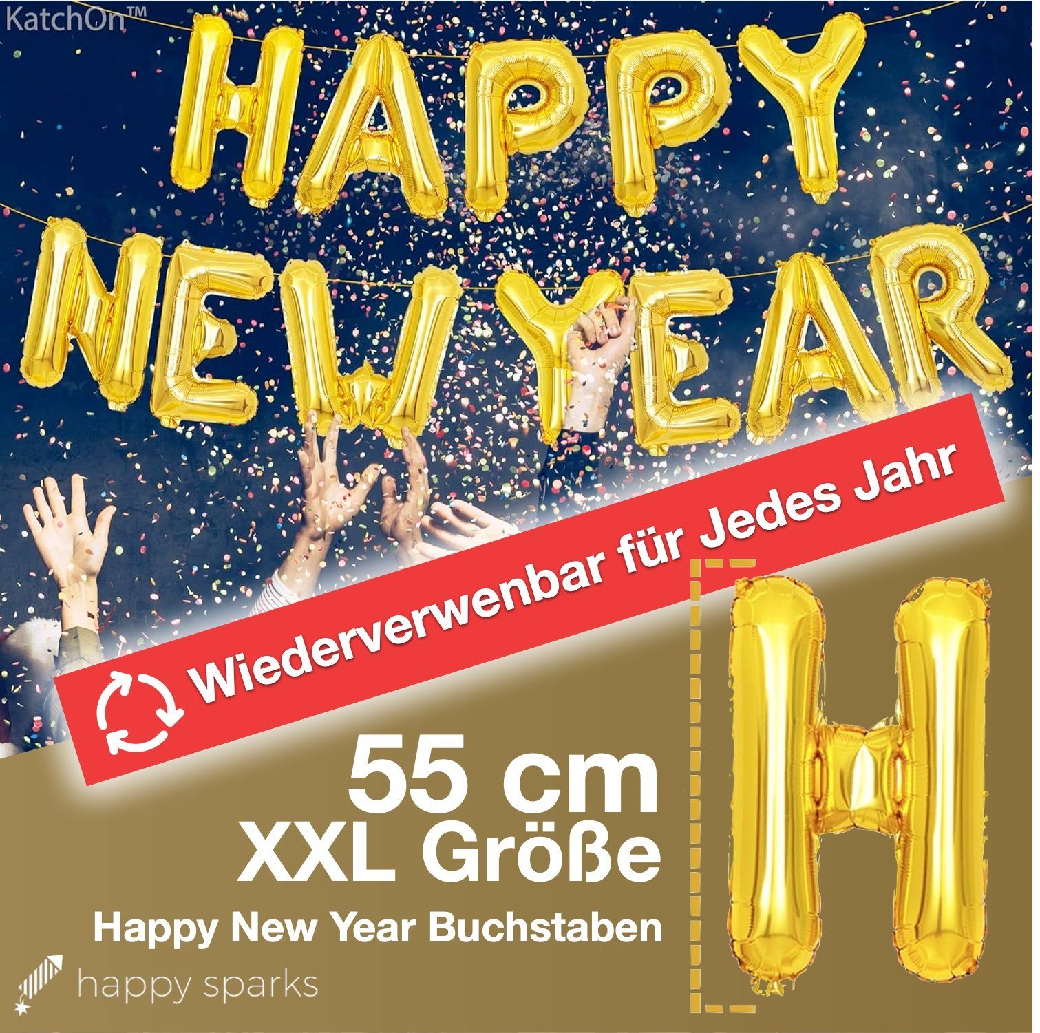 happy sparks® Hängedekoration XXL Silvester Deko 2024 Set - Happy New Year - Neujahrsdeko (1 St)