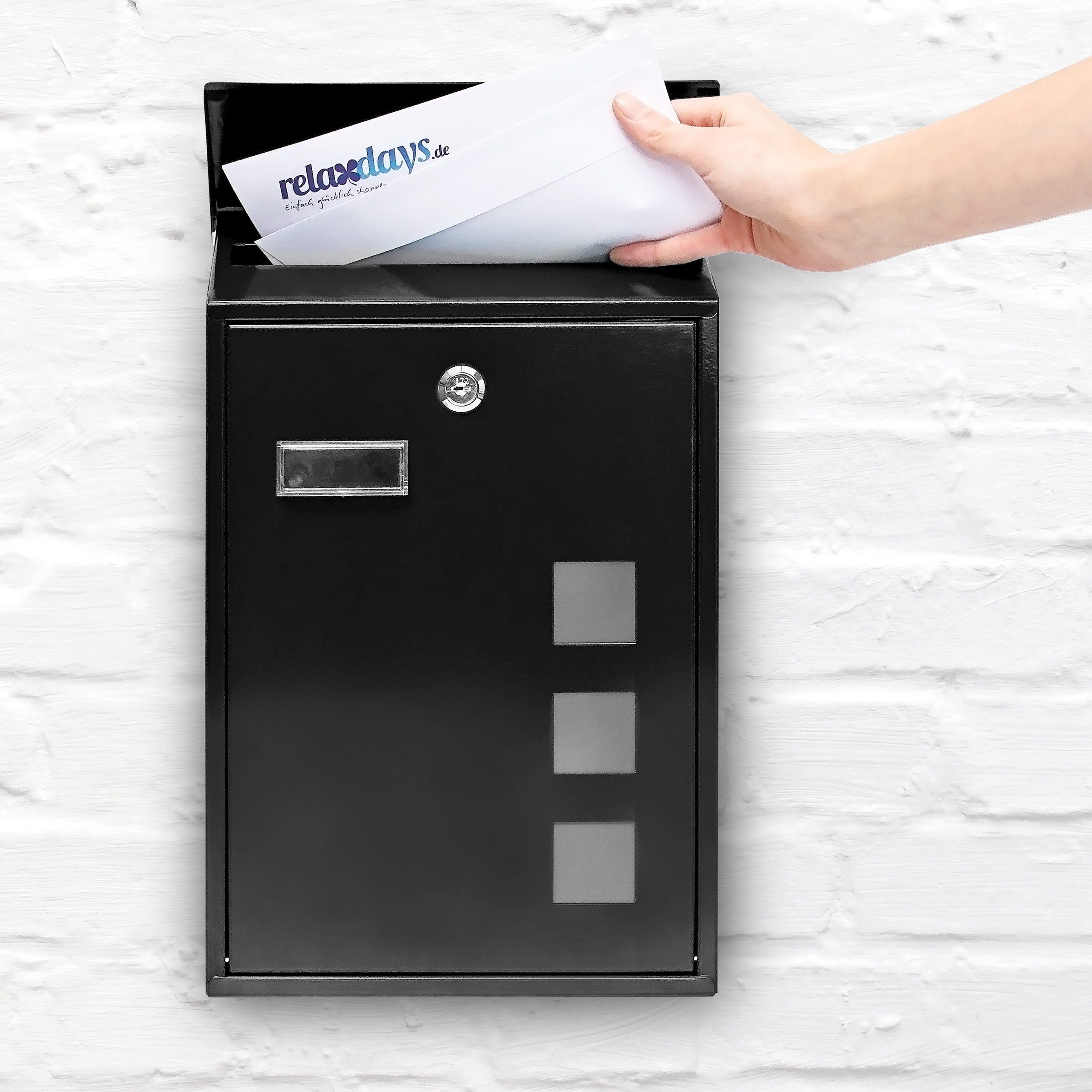 relaxdays Briefkasten Briefkasten 3 Fenster Farbauswahl, Schwarz