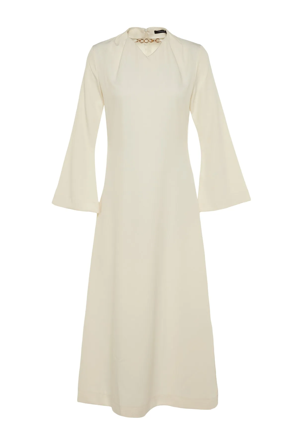 Trendyol Modest  Ecru Nu A-Linien-Abendkleid aus Crêpe mit Halsketten-Accessoires TCTSS23DB00023
