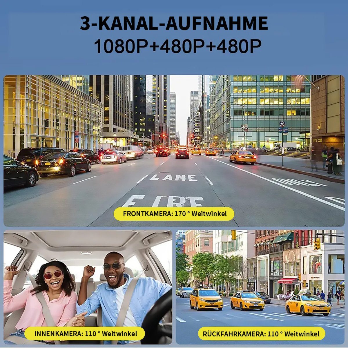Yoyaxi Umfassende Autoüberwachung mit 3 Kanälen Dashcam (Infrarot-Nachtsicht, wasserdicht, Loop-Aufnahme für mehr Sicherheit)