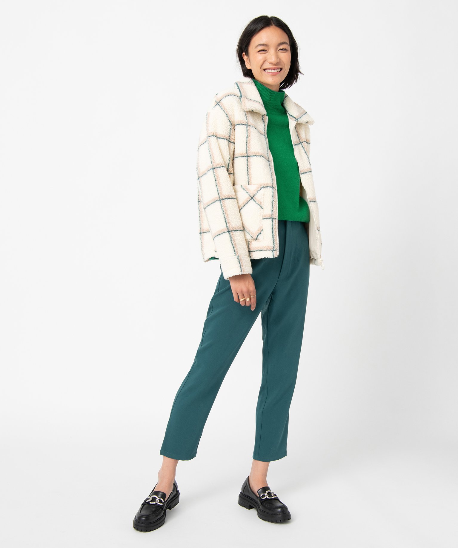 Veste femme en sherpa à carreaux carreaux | GEMO