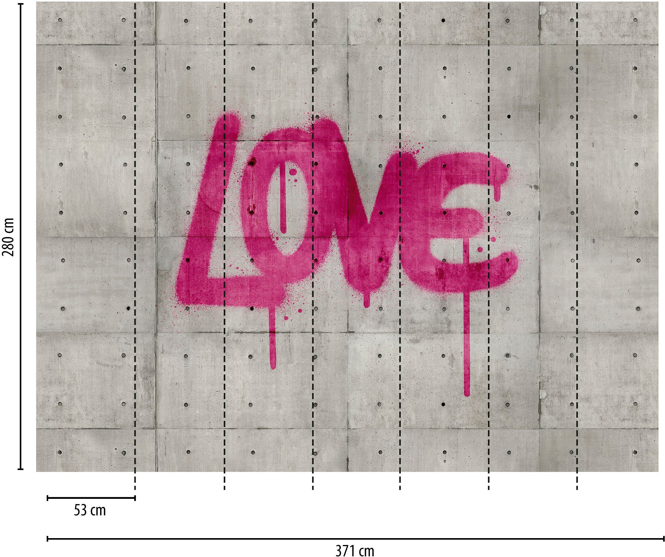 living walls Fototapete The Wall, glatt, Steinoptik, mit Schrift, urban, Fototapete Modern Tapete Betonoptik Grau Pink
