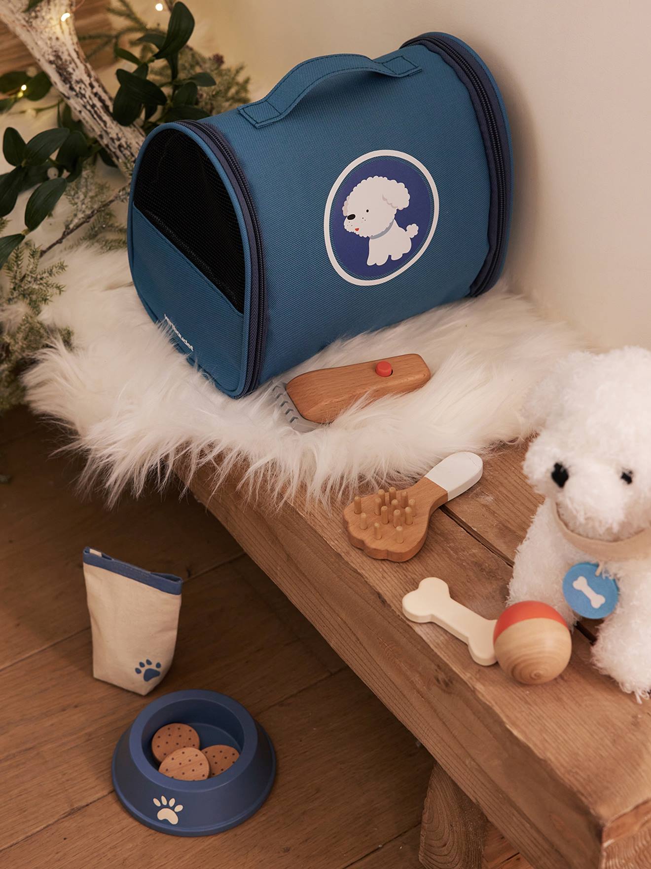 Vertbaudet Plüschhund mit Zubehör, Holz FSC - blau