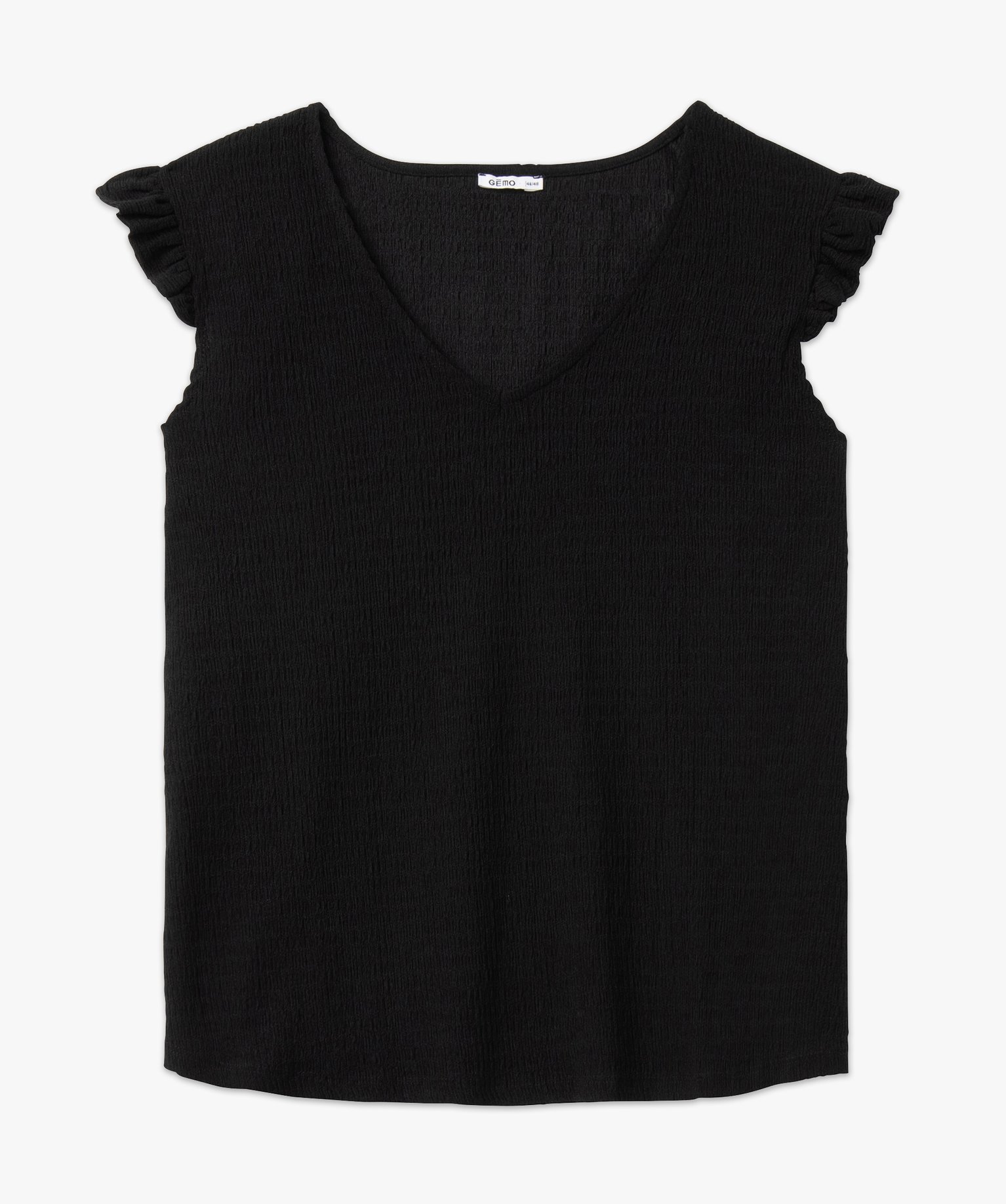 Tee-shirt col V avec volants aux emmanchures femme grande ta... noir | GEMO