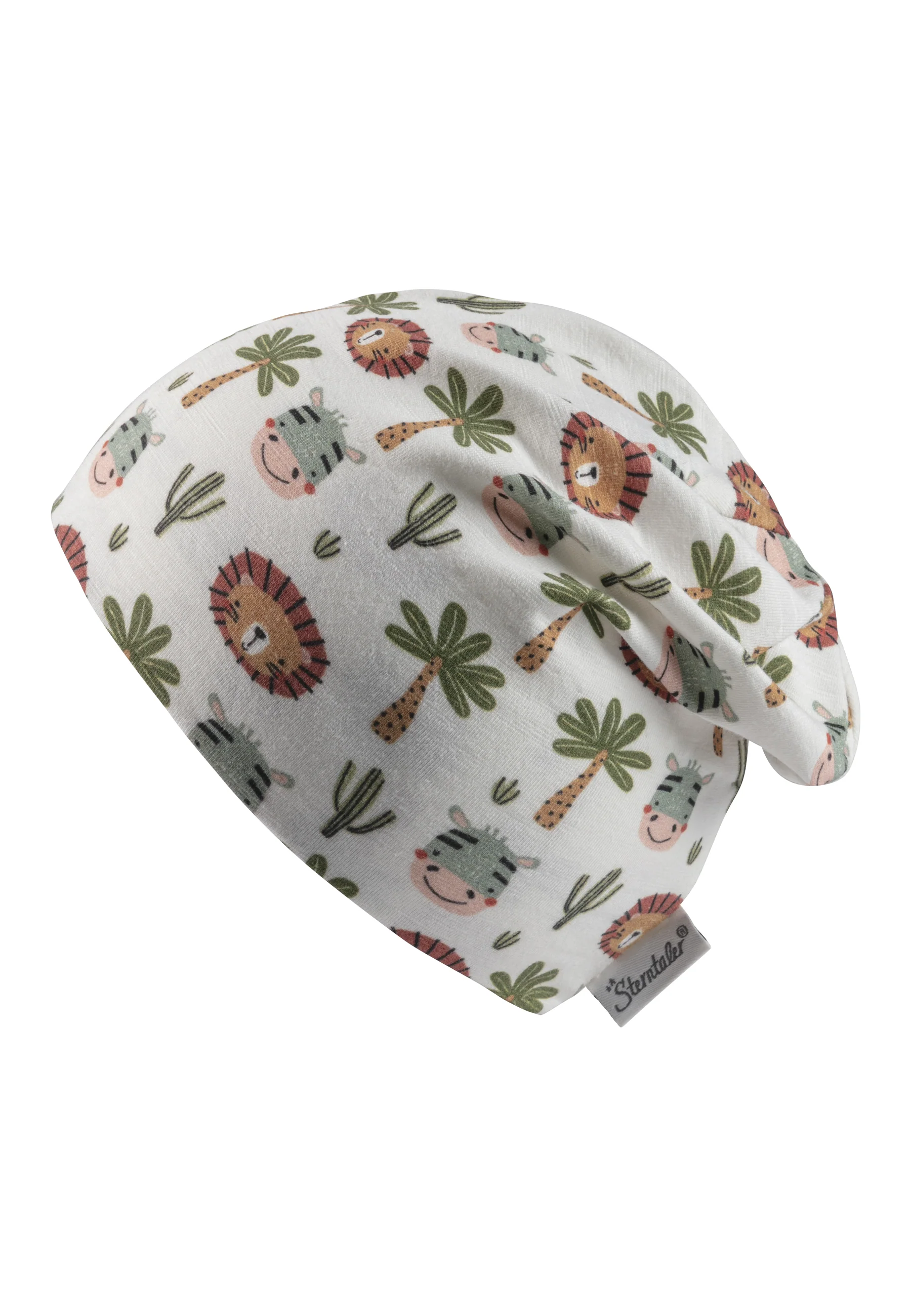 Beanie bedruckt mit niedlichen Safari-Tieren in ecru