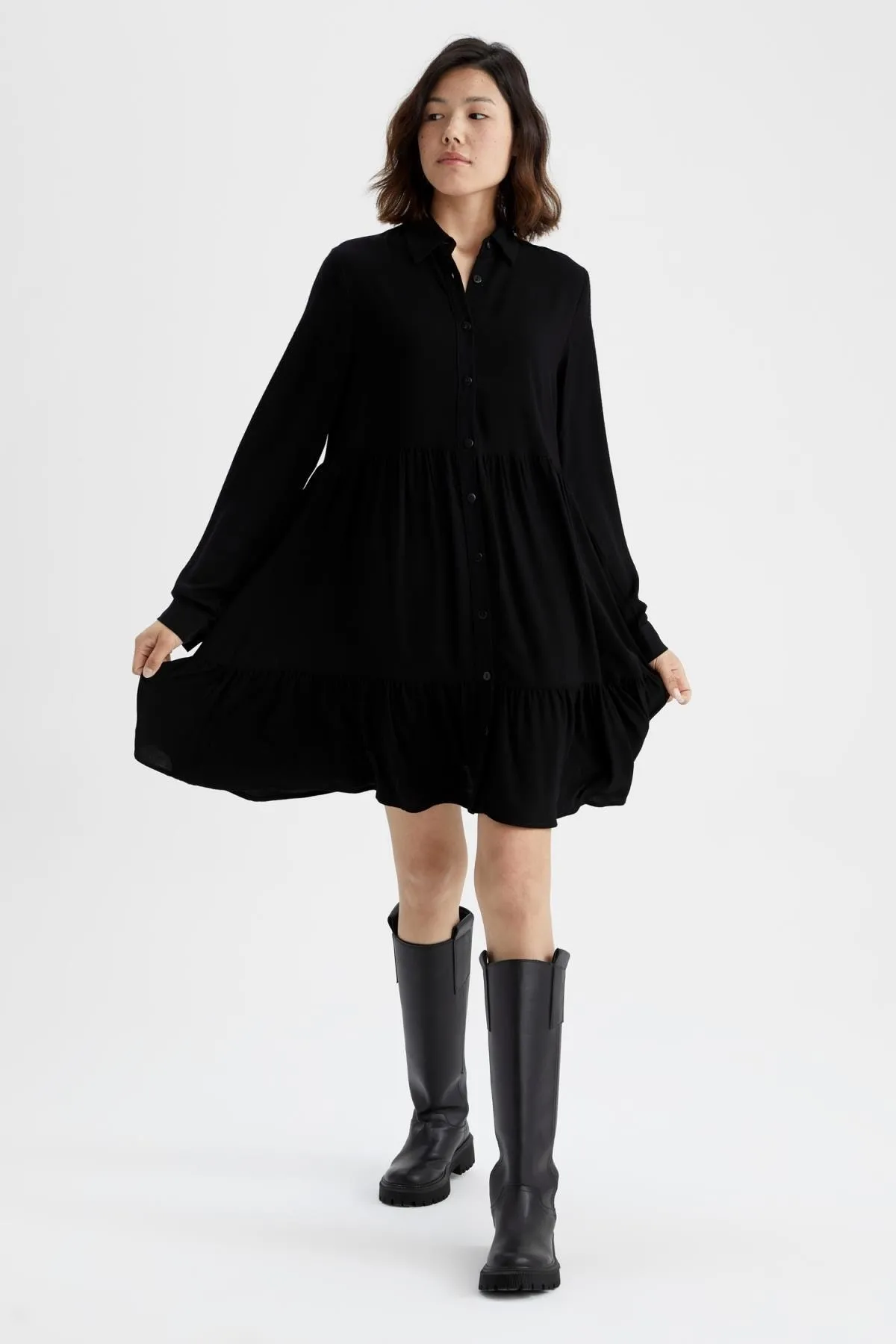 DeFacto  Mini-Langarmkleid mit Hemdkragen
