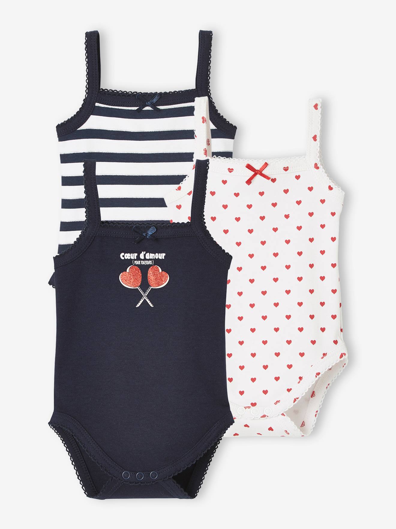 Lot de 3 bodies bébé fines bretelles coeurs lot encre