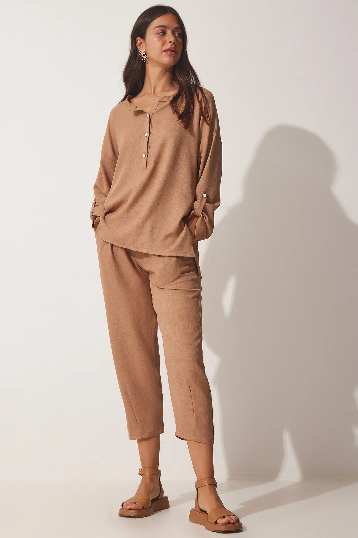 Happiness İstanbul  Damen Biscuit Fließende Ayrobin Bluse Baggy Hose Anzug DP00183