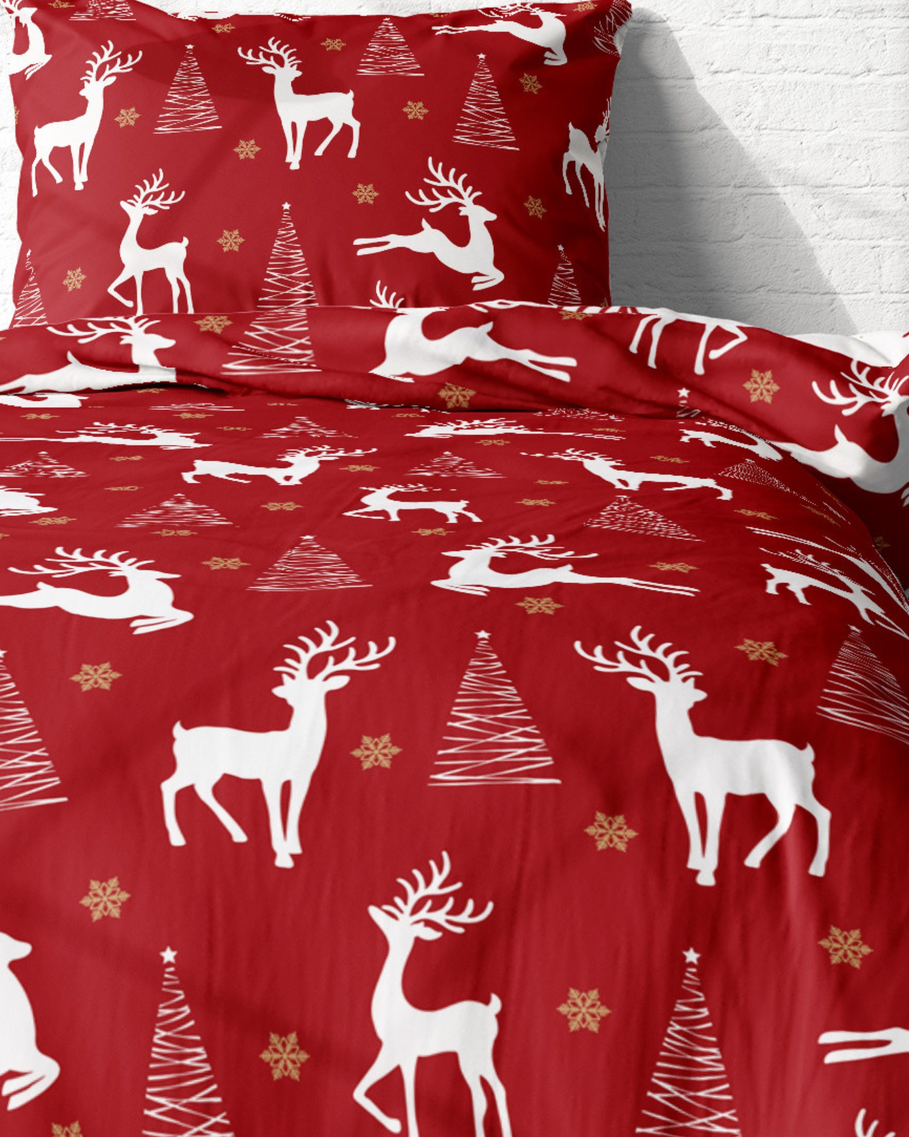 Bettwäsche Weihnachten Rentier & Tannenbaum, angenehm & weich, MTOnlinehandel, Microfaser, 2 teilig, winterliches Motiv, Christmas Time für Kinder, Teenager, Erwachsene