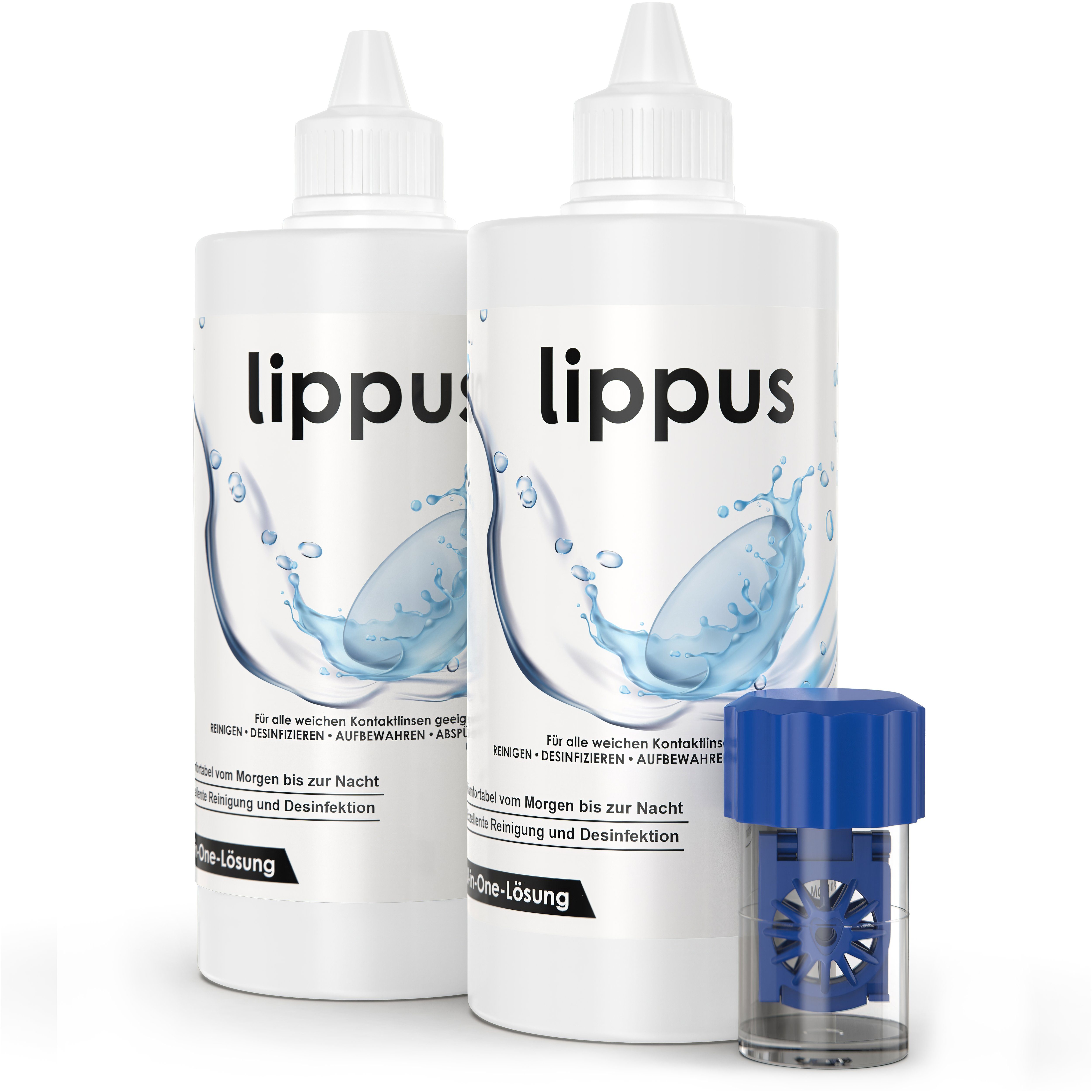 lippus Kontaktlinsenflüssigkeit PREMIUM All-In-One Kontaktlinsen Fluessigkeit – Made in Germany, Mit Kontaktlinsen Behälter - Reinigt & desinfiziert, Geeignet für weiche Linsen, sowie Wochen- und Monatslinsen