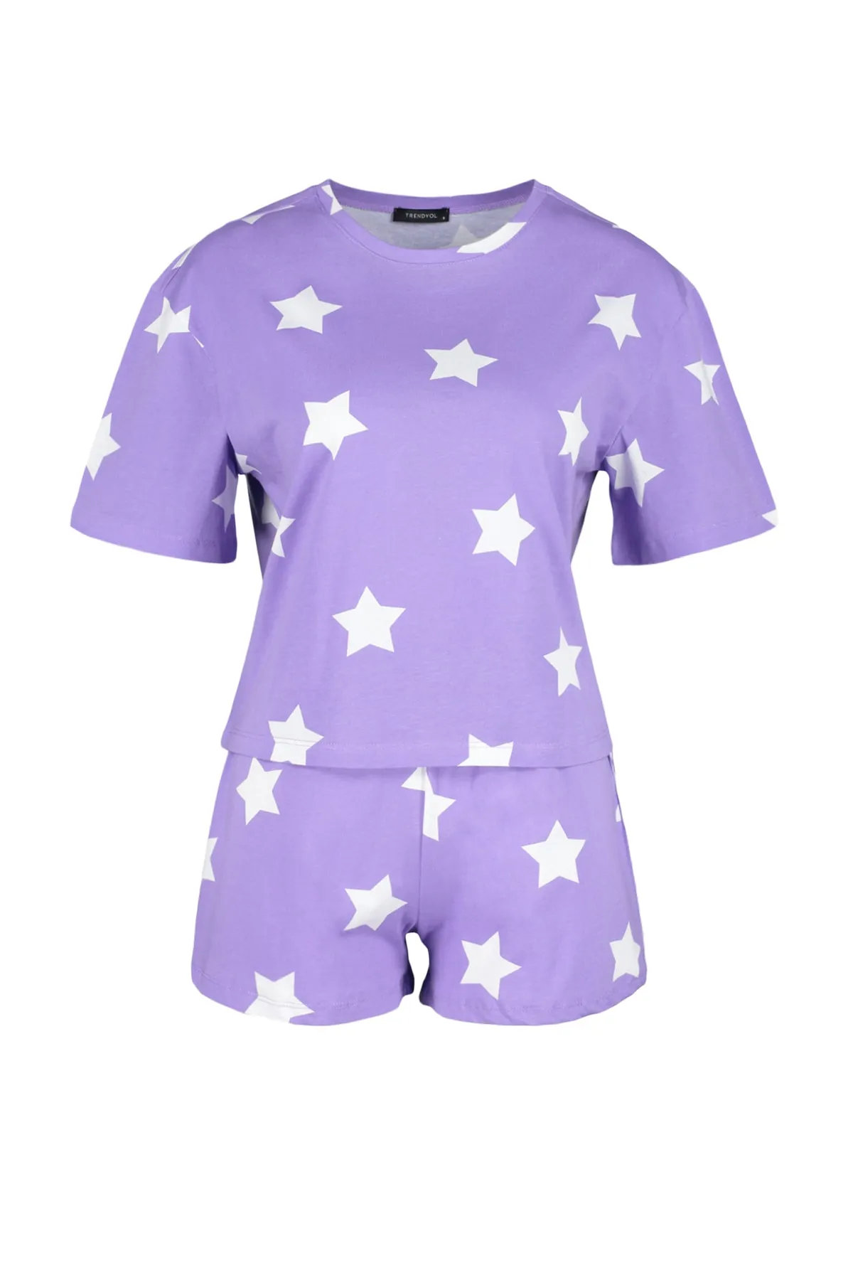 Trendyol Collection  Fliederfarbenes Strickpyjama-Set mit T-Shirt und Shorts aus 100 % Baumwolle mit Sternmuster THMSS22PT0501