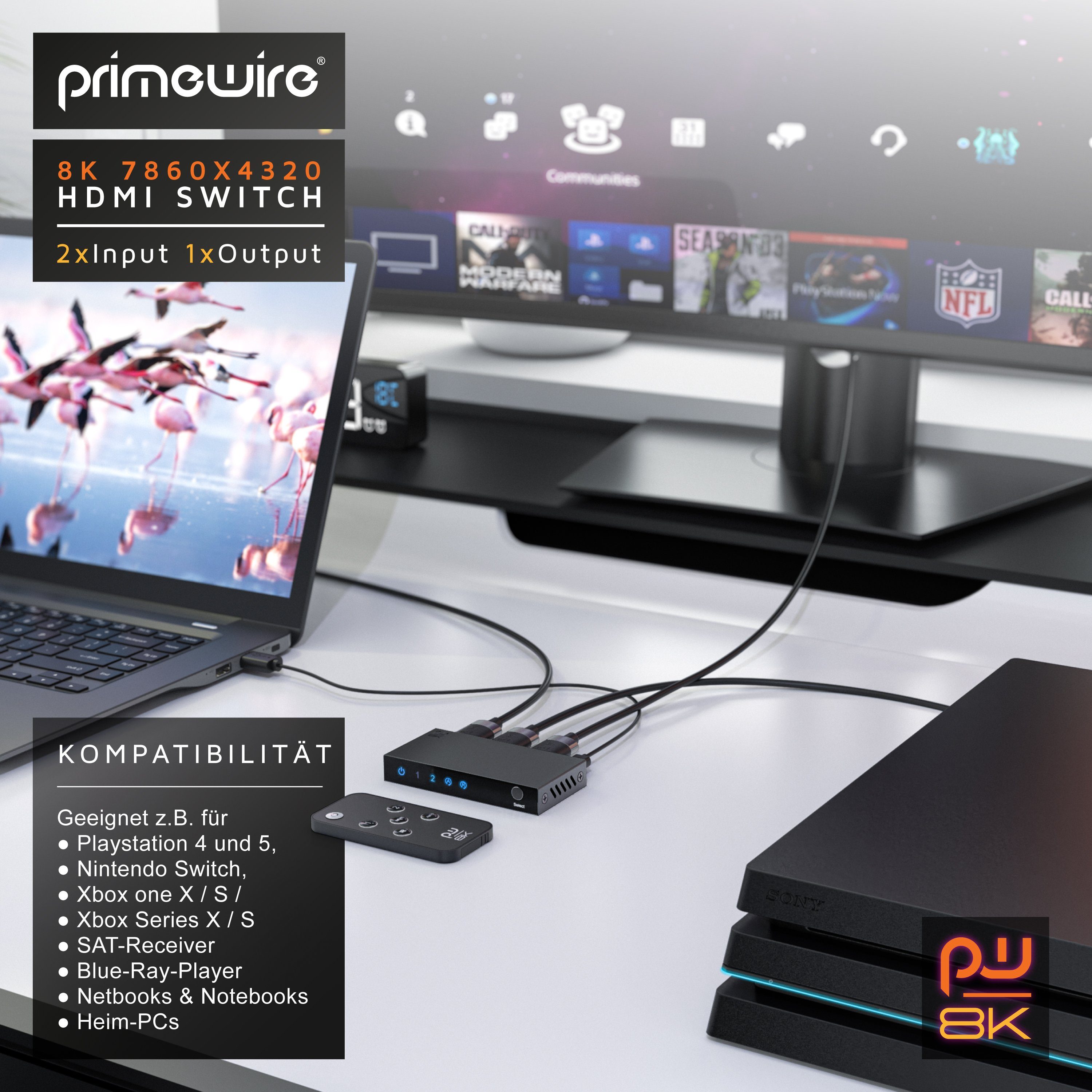 Primewire Audio / Video Matrix-Switch, 2-Port HDMI Splitter, 8K HDMI Switch 2 in 1 Out UHD, mit Fernbedienung