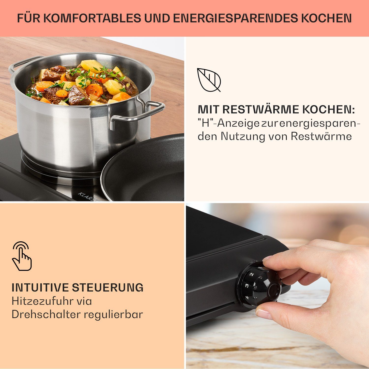 Klarstein Induktions-Kochfeld Cookbuddy Doppel-Kochfeld 2400W 5 Leistungsstufen Glaskeramik CP10-CookBuddy-BK, Kochfeld 2 Zonen Glaskeramik Elektrokochfeld