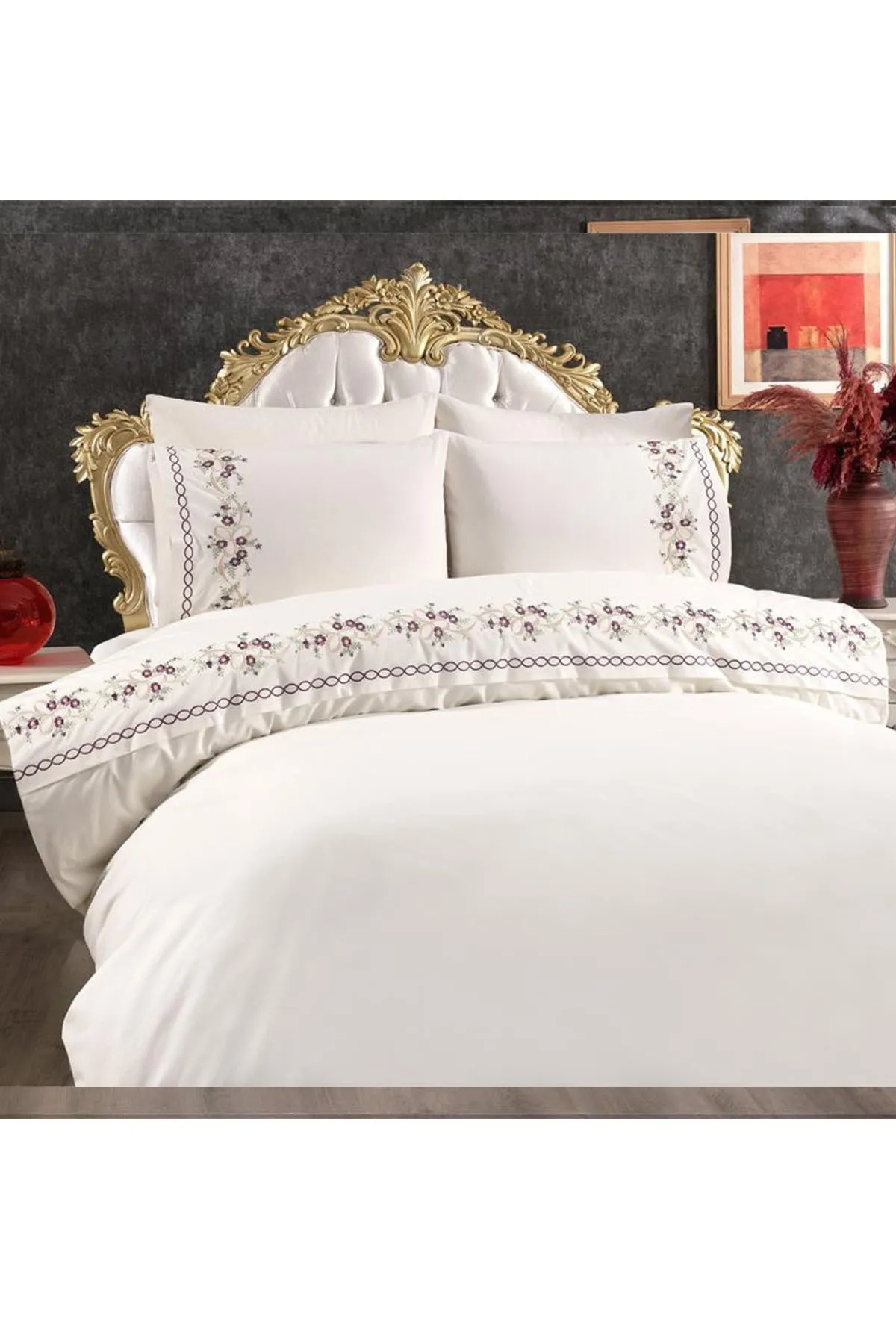Çeyiz Diyarı  Nevruz besticktes 6-teiliges Bettbezug-Set aus 100 % Baumwolle, Creme