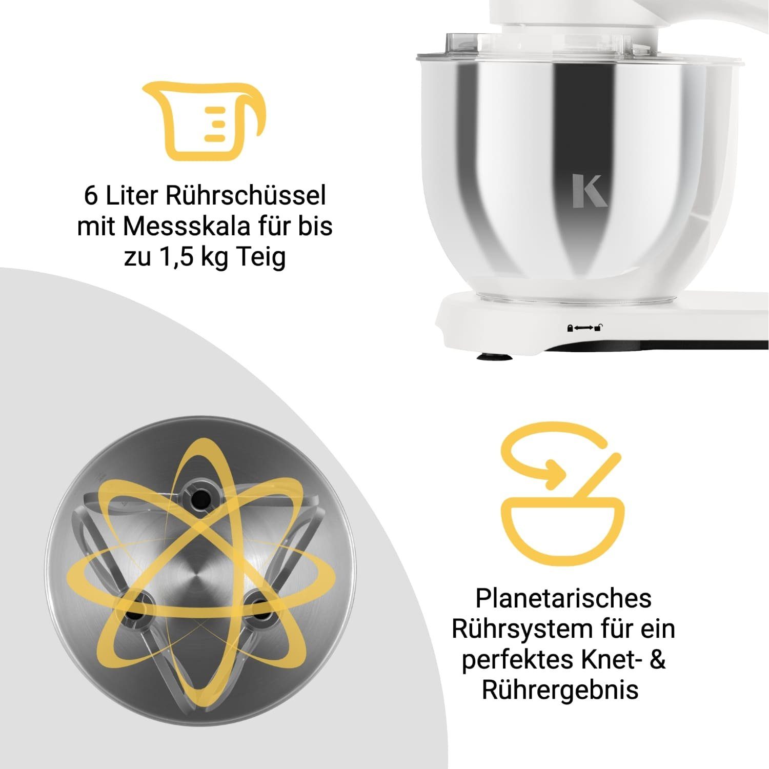 KLAMER Küchenmaschine KLAMER Küchenmaschine 1800W, Knetmaschine mit 6 Liter Edelstahl Schüs…