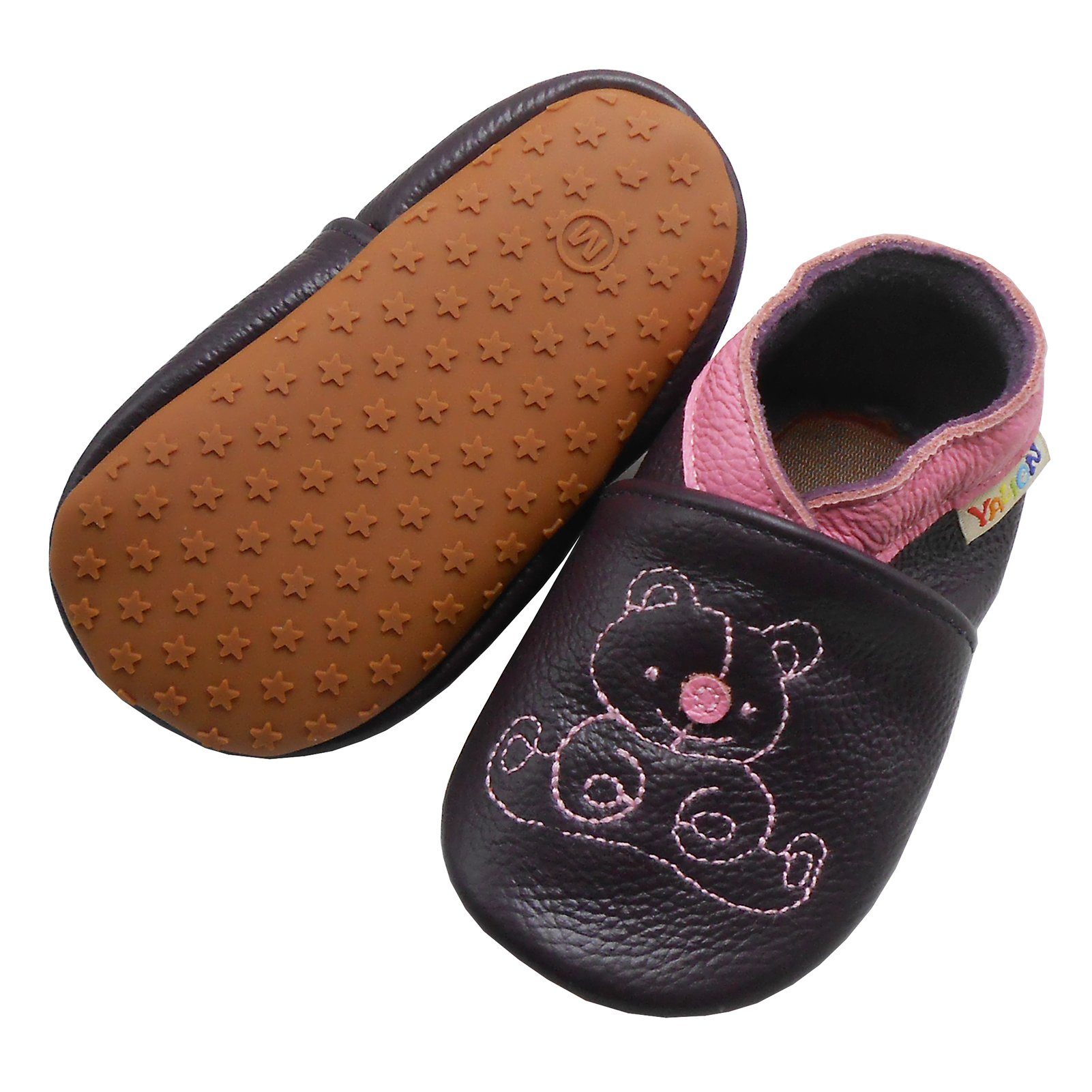 Yalion Weiche Leder Lauflernschuhe Hausschuhe Lederpuschen Bär Dunkellila Krabbelschuh elastisch