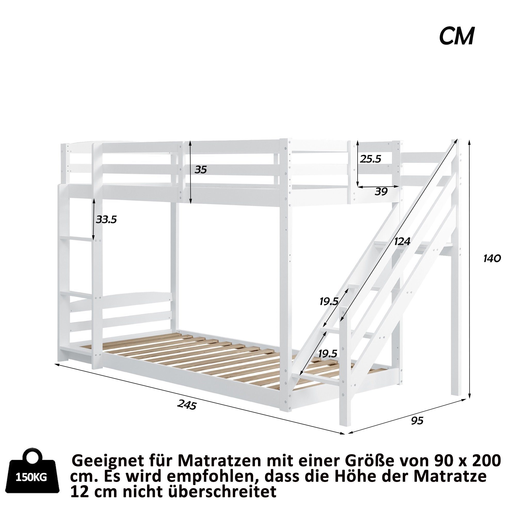 REDOM Etagenbett Holzbett Tagesbett Kinderbett Gästebett 90*200cm (mit zwei Sicherheitstreppen links und rechts, Massivholz-Etagenbett mit Lattenrost), ohne Matratze