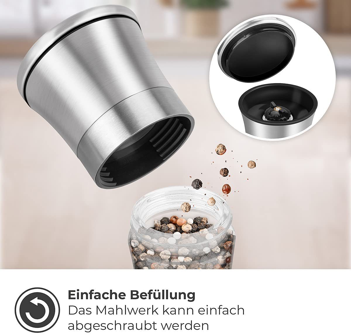 Thingles Gewürzmühle 2er Set Gewürzmühlen Keramikmahlwerk 19cm Schwarz, Schwarz 19 Cm