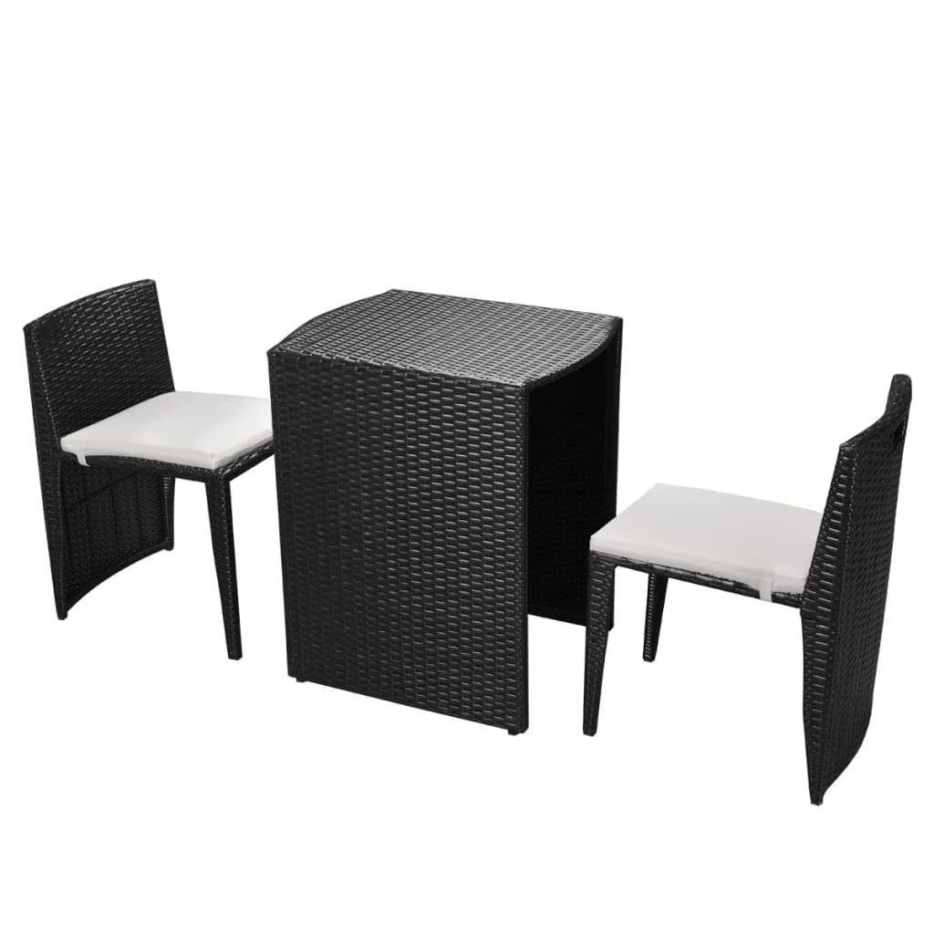 vidaXL Gartenlounge-Set 3-tlg. Bistro-Set mit Auflagen Poly Rattan Schwarz, (3-tlg)