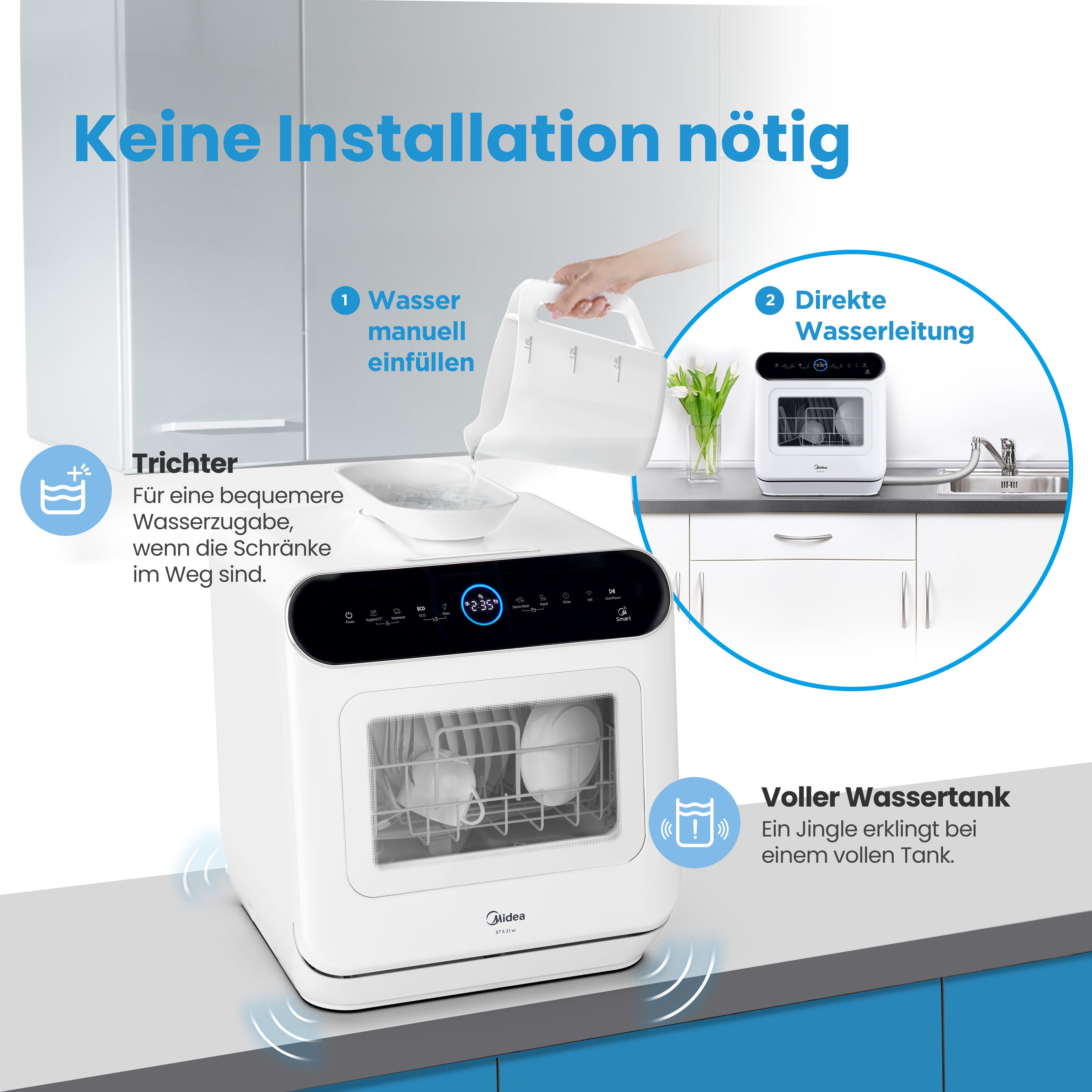 Midea Tischgeschirrspüler, ST 5.31 wi, 6 l, 3 Maßgedecke, 42 cm freistehend, WiFi Control, mit/ohne Festwasseranschluss