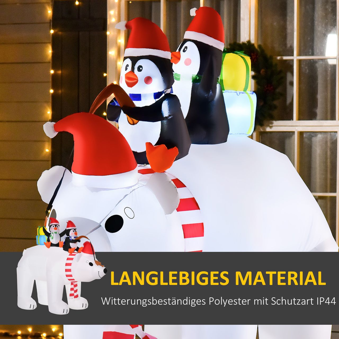 HOMCOM Aufblasbare Pinguine auf Eisbär 2,1 m Weihnachtsdekoration mit Lichtern Aufblasbares Modell Weihnachten Gärten Dekoration automatisches Aufblasen wetterfest Polyester 227 x 113 x 206 cm
