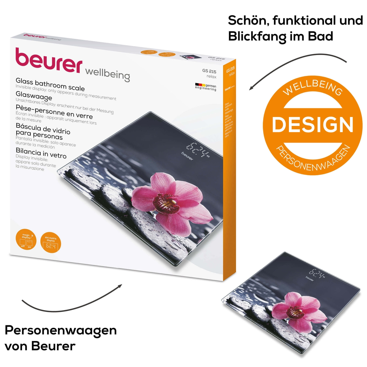 Beurer Glaswaage GS 215 Relax-Personenwaage aus Glas mit unsichtbarem Magic-Display - bis 180 kg