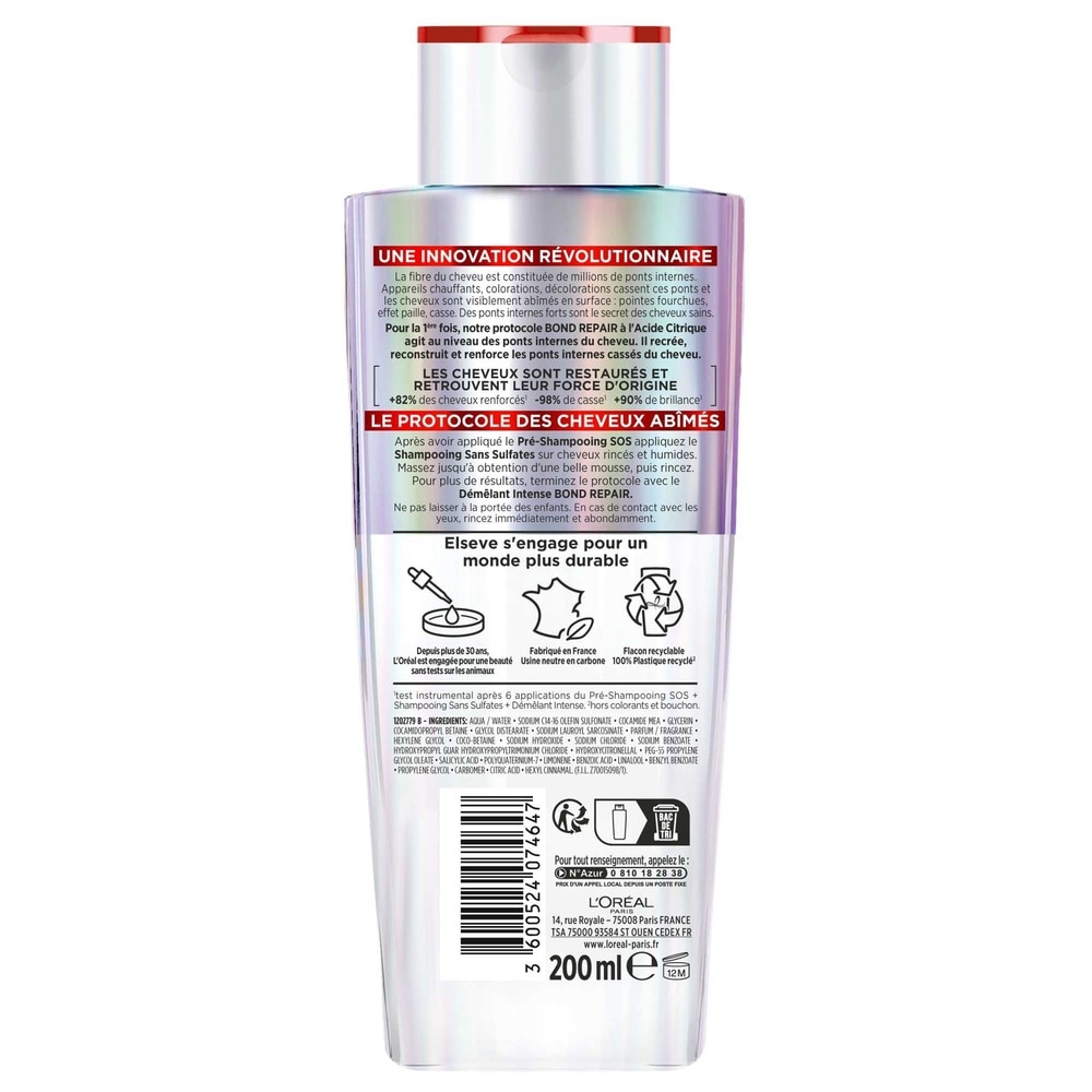 L'Oréal Paris Elseve Pro Bond Repair Shampooing Sans Sulfates pour restaurerles cheveux abîmés, sur-sollicités