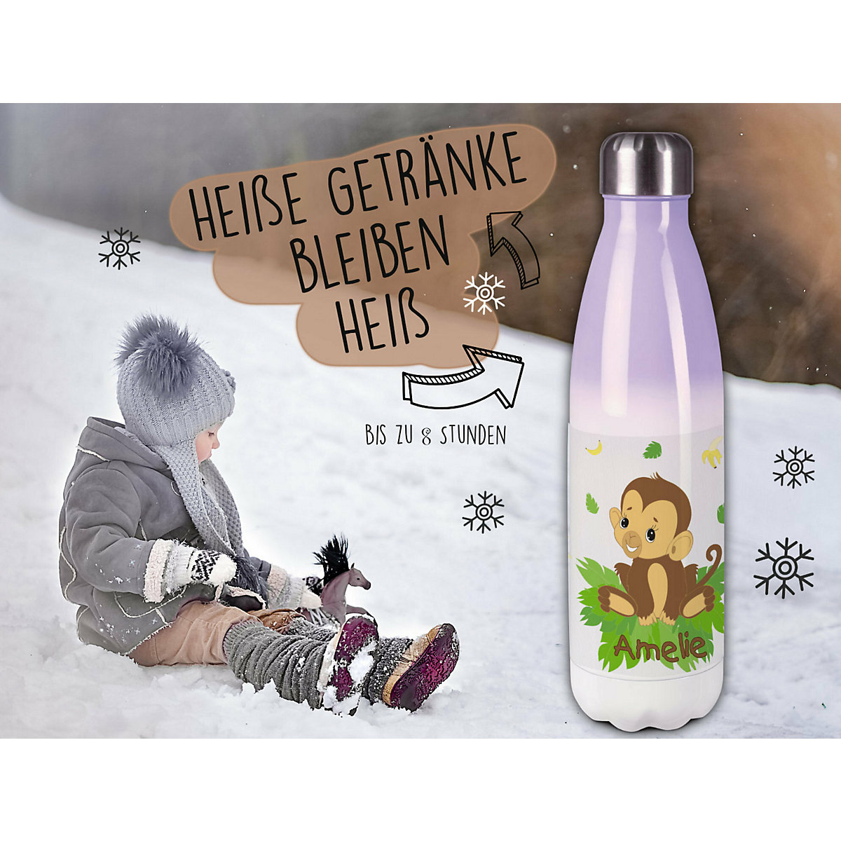 Edelstahl Kinder Thermoflasche / Trinkflasche bunt Affenbaby Spülmaschinenfest, Auslaufsicher, Bruchfest, Doppelwandig, Für Heißgetränke geeignet, Mit Deckel, Isoliert