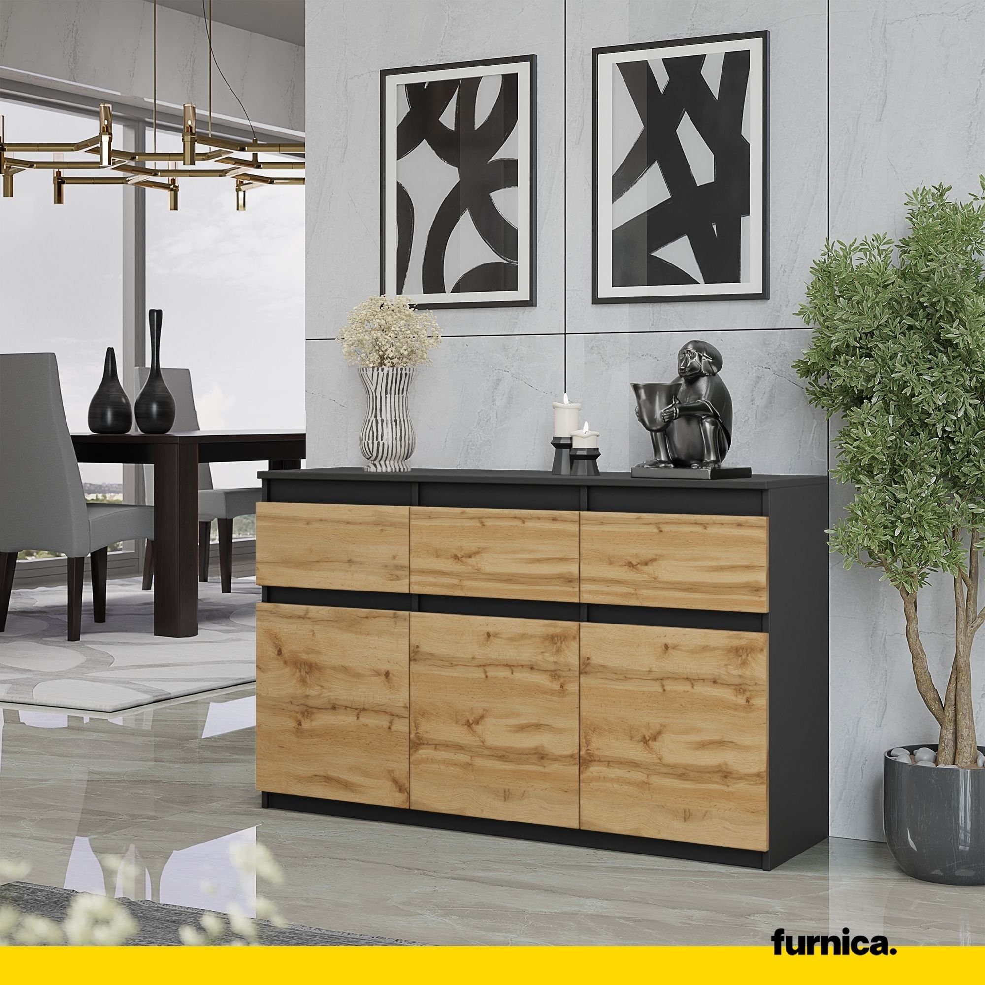 Furnica Kommode NOAH, 3 Schubladen und 3 Türen - Anthrazit Grau H75cm B120cm T35cm (1 St)