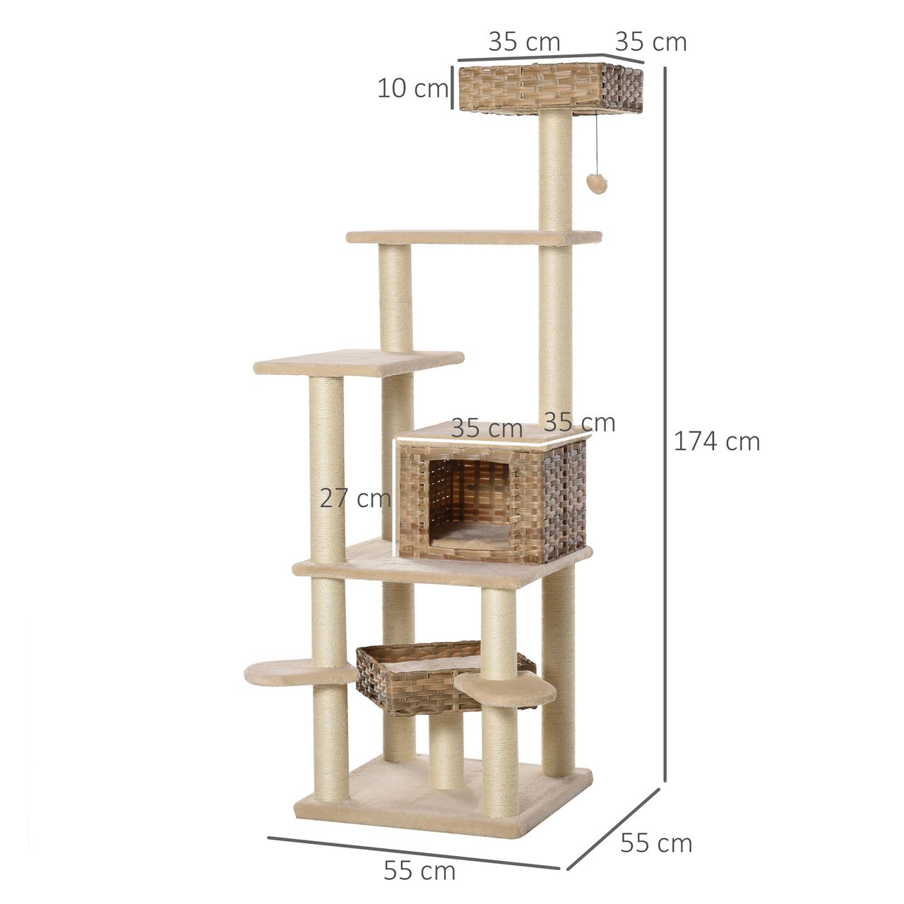 PawHut Rattan Kratzbaum mit Katzenhöhle Hängematte Mehrstufiger Katzenbaum Kletterbaum für Katzen E1 MDF Sisal Beige Braun 55 x 55 x 174 cm