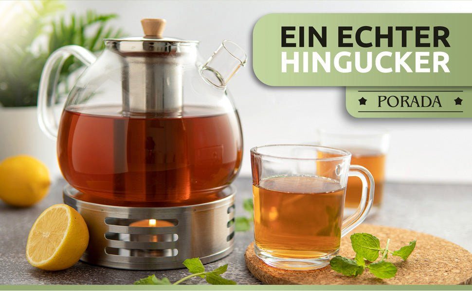 PORADA Teekanne Teekanne aus Glas 1000 ml Edelstahl Erhitzer Teesieb, Tee Teekocher, 1 l, (Set, x1 Tekanne 1000ml, x1 Erhitzer, x1 Teesieb, x1 Deckel), handarbeit, extra Erhitzer, Stövchen, Edelstahl, Borosilikatglas