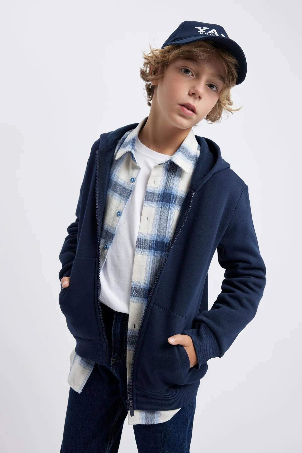 DeFacto  Marineblauer, dicker Sweat-Schul-Cardigan mit Kapuze für Jungen