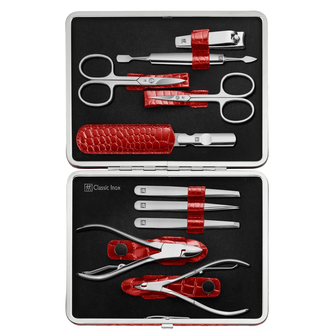 Classic Inox Rahmen-Etui. Rindleder. rot. 10-tlg.