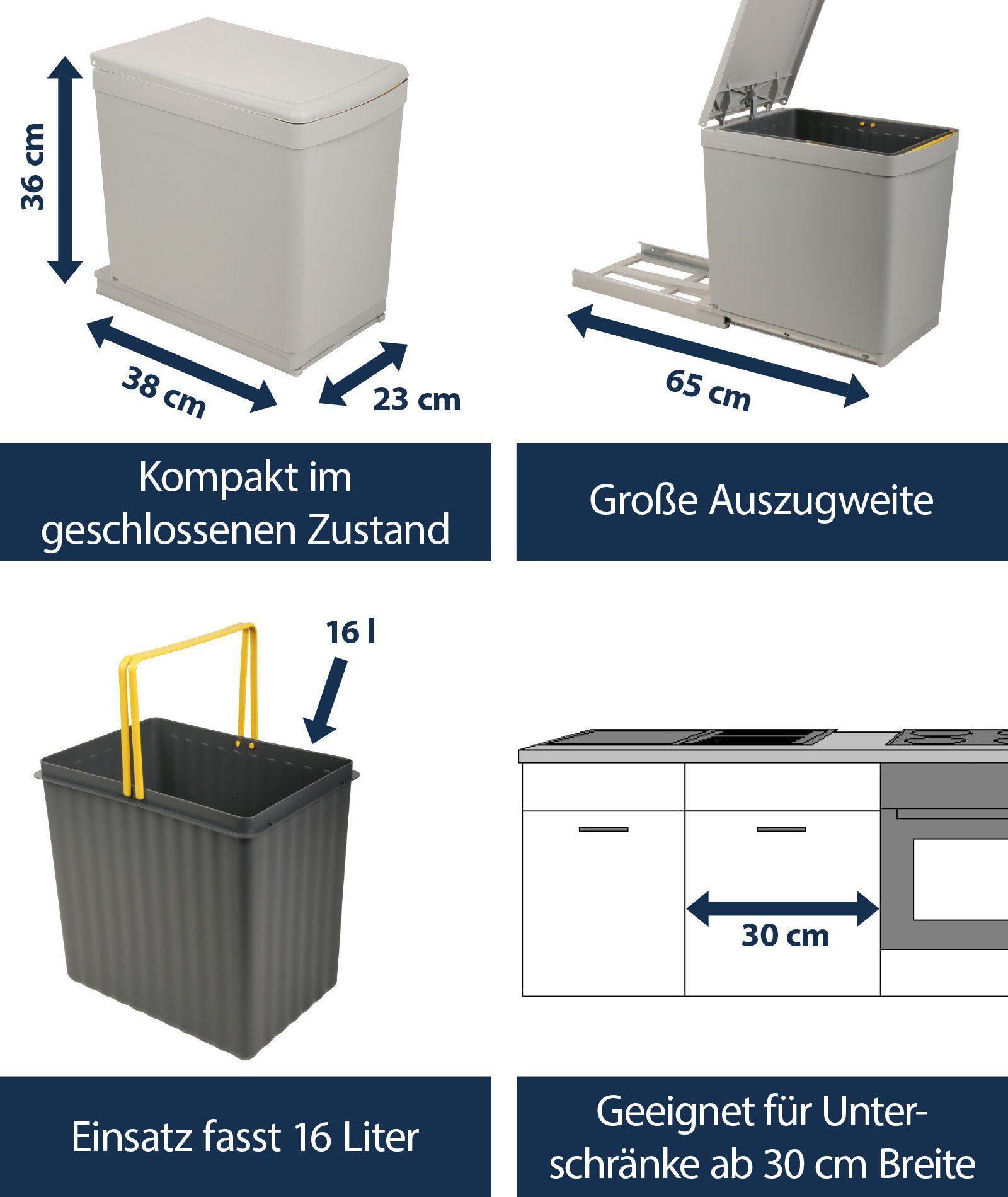 SANITOP WINGENROTH Einbaumülleimer, 1 Fach 16 Liter, ausziehbar, Henkel-Eimer, Schienengestell, 280136