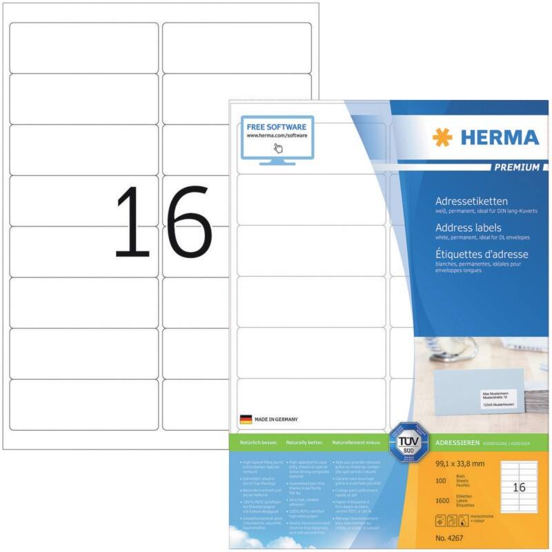 HERMA Adressetiketten 7557 Weiß DIN A4 99,1 x 33,8 mm 100 Blatt à 16 Etiketten