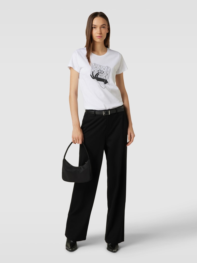 T-Shirt mit Motiv-Print und Ziersteinbesatz in weiss