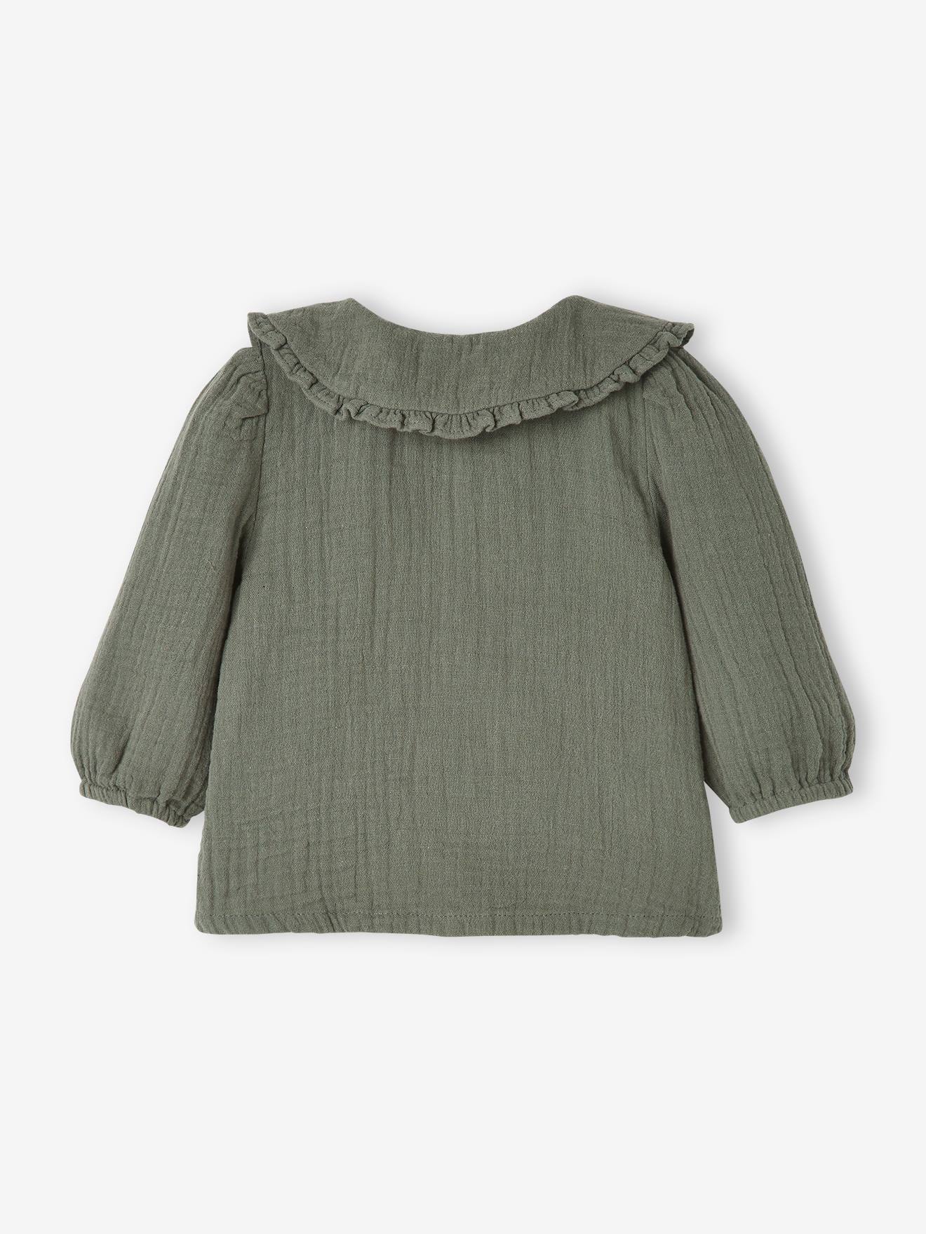 Blouse en gaze de coton bébé col fantaisie kaki