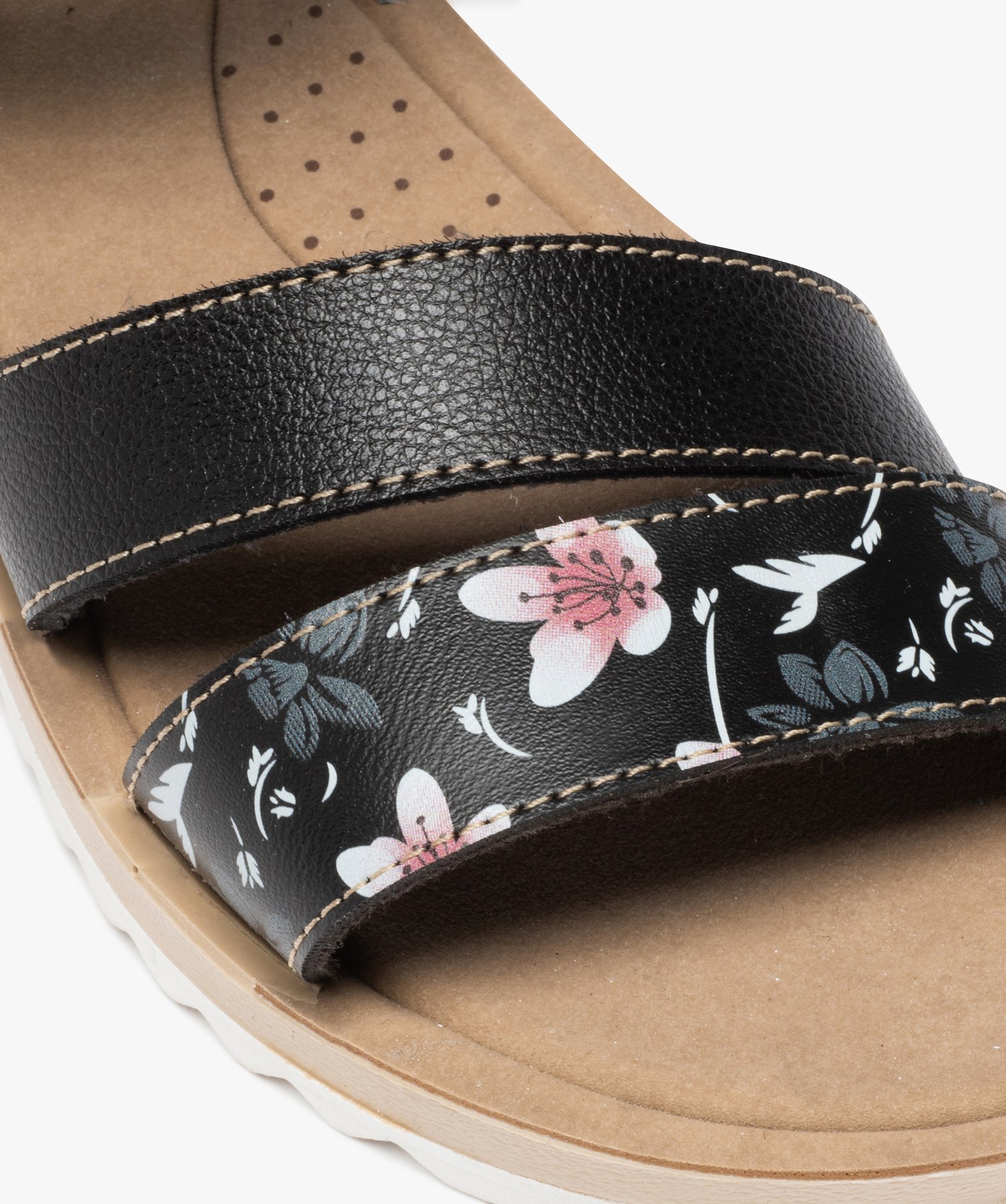 Sandales femme à motif floral et bride à scratch noir | GEMO