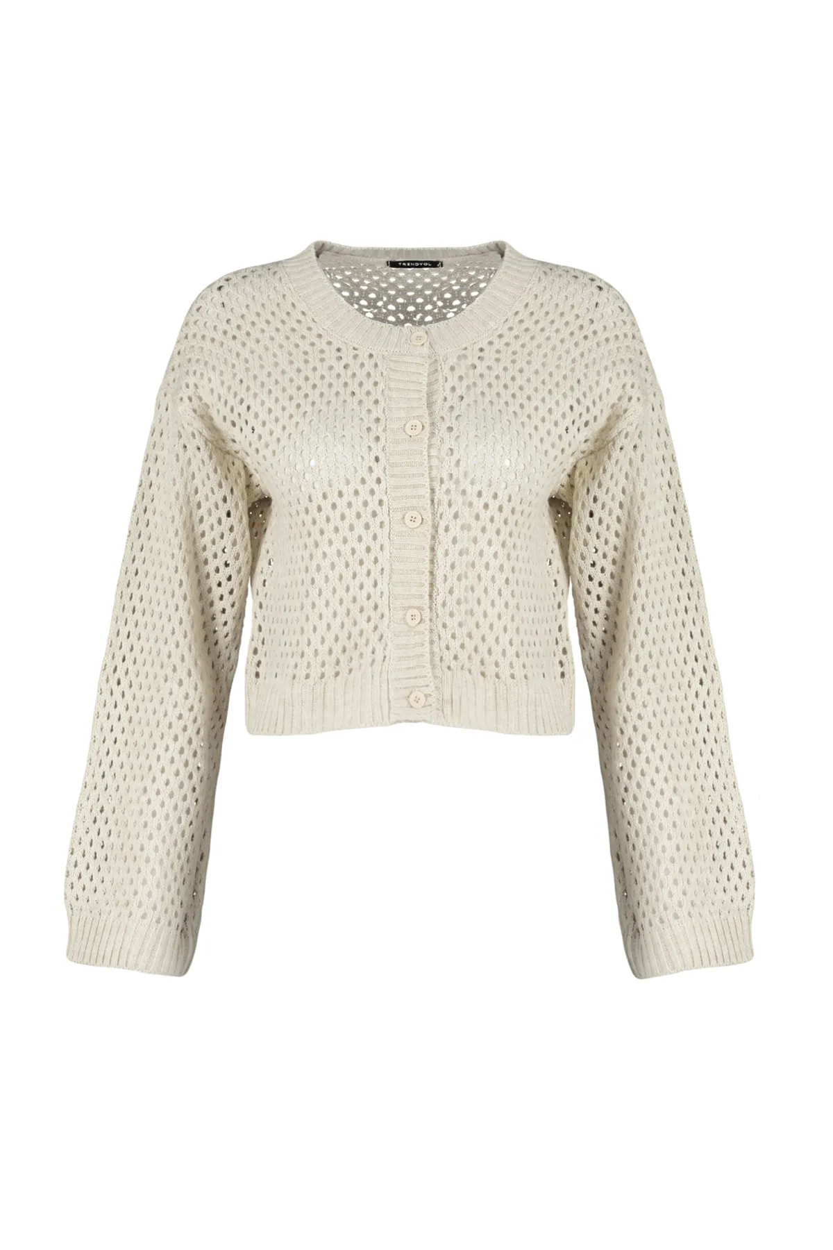 Trendyol Collection  Steinfarbene, durchbrochene/durchbrochene Strickjacke mit Rundhalsausschnitt TWOAW24HI00234