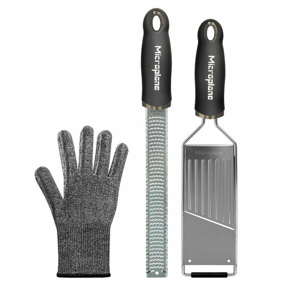 Microplane Küchenreibe Gourmet-Geschenkset 3-tlg., Edelstahl, Kunststoff, Gummi, (Set, 3-St), mit Schnittschutzhandschuh