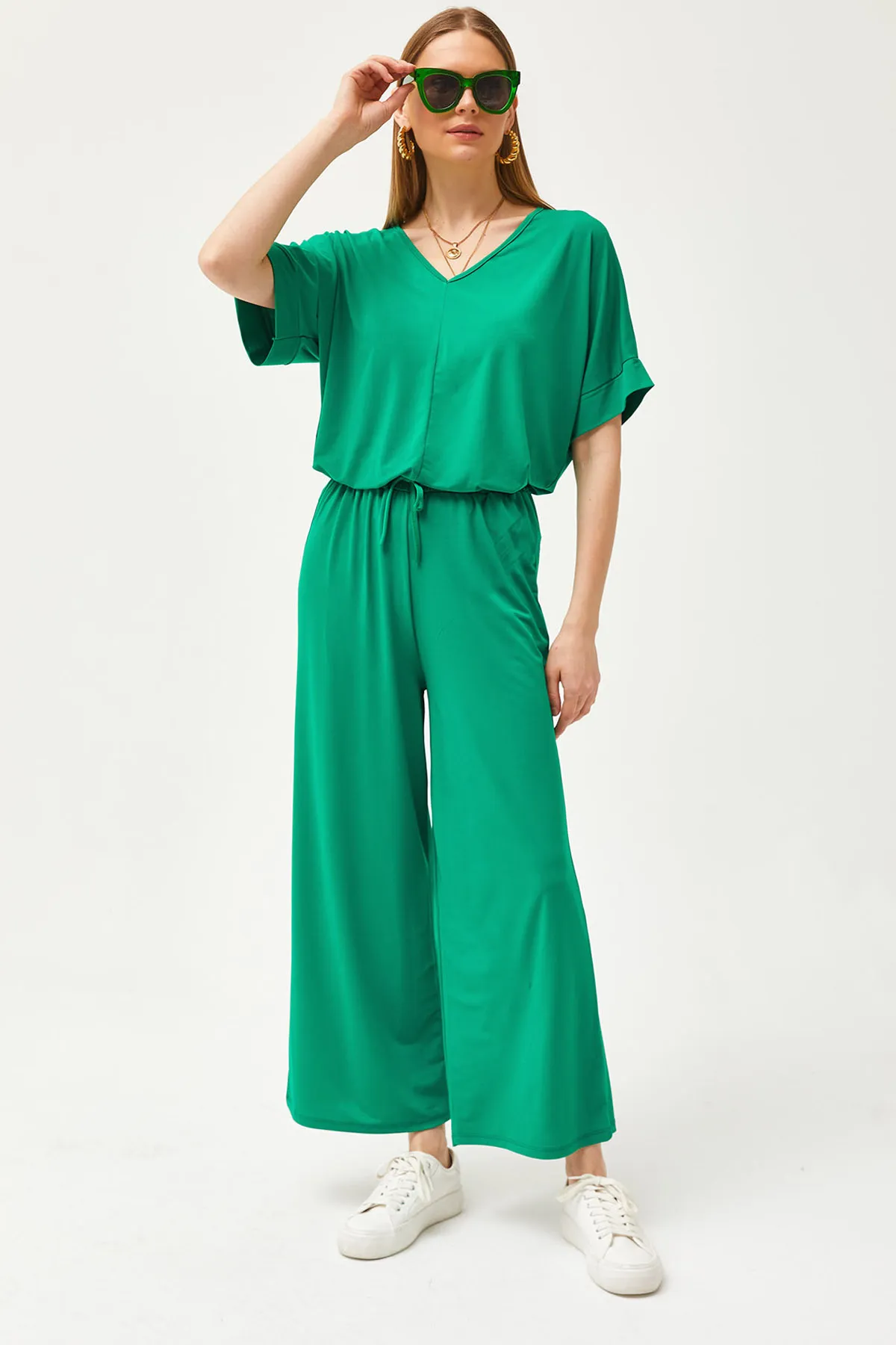 Olalook  Grünes Oberteil, Bluse, Unterteil, Palazzo, lockeres Strick-Set für Damen, TKM-19000267