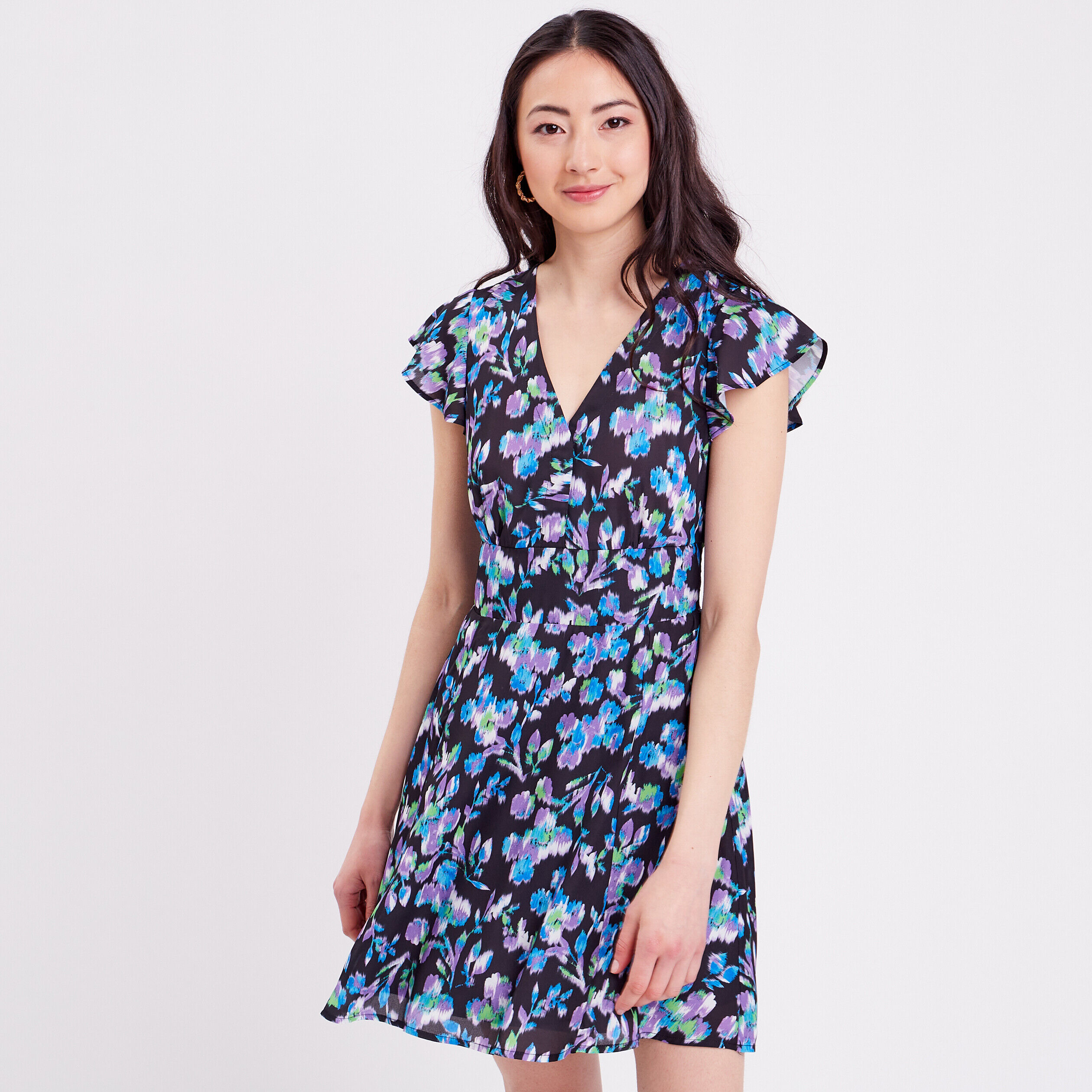 Robe évasée manches courtes noir femme | Cache Cache