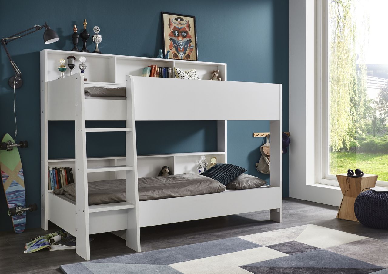Relita Etagenbett SWAY mit 2x Liegeflächen 90x200 cm, inkl. Bodenplatte und Regalen, Dekor Weiß