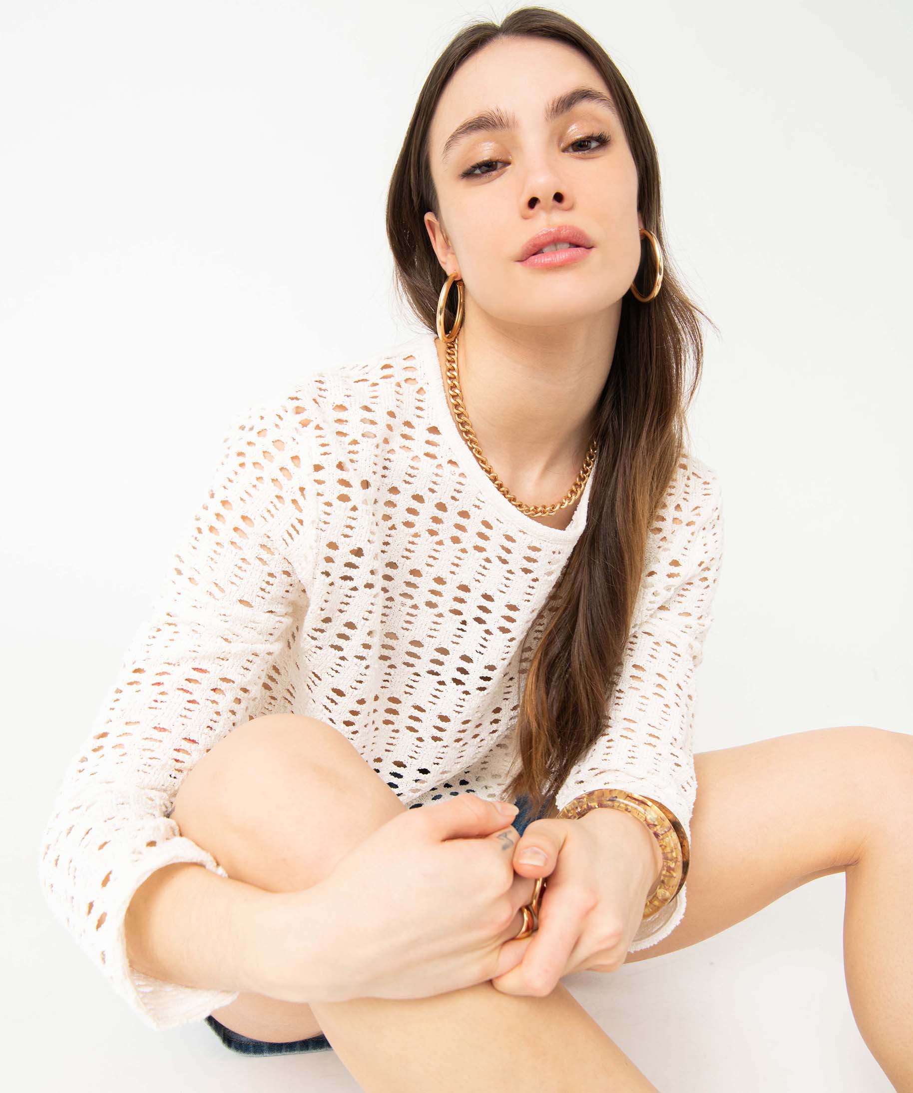 Tee-shirt femme à manches longues coupe courte et ajouré ecru | GEMO