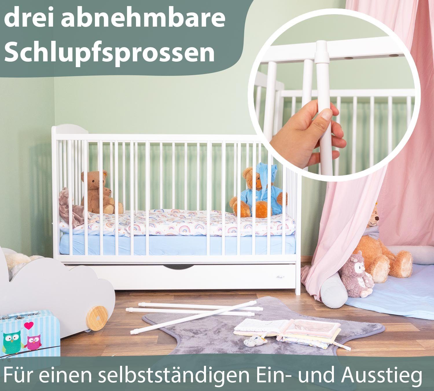 Alcube Babybett Emmi I Entdecken Sie unser Babybett - perfekt für Ihr Baby! BESTSELLER, 60x120 cm aus Kiefernholz inkl. Lattenrost und Rausfallschutz