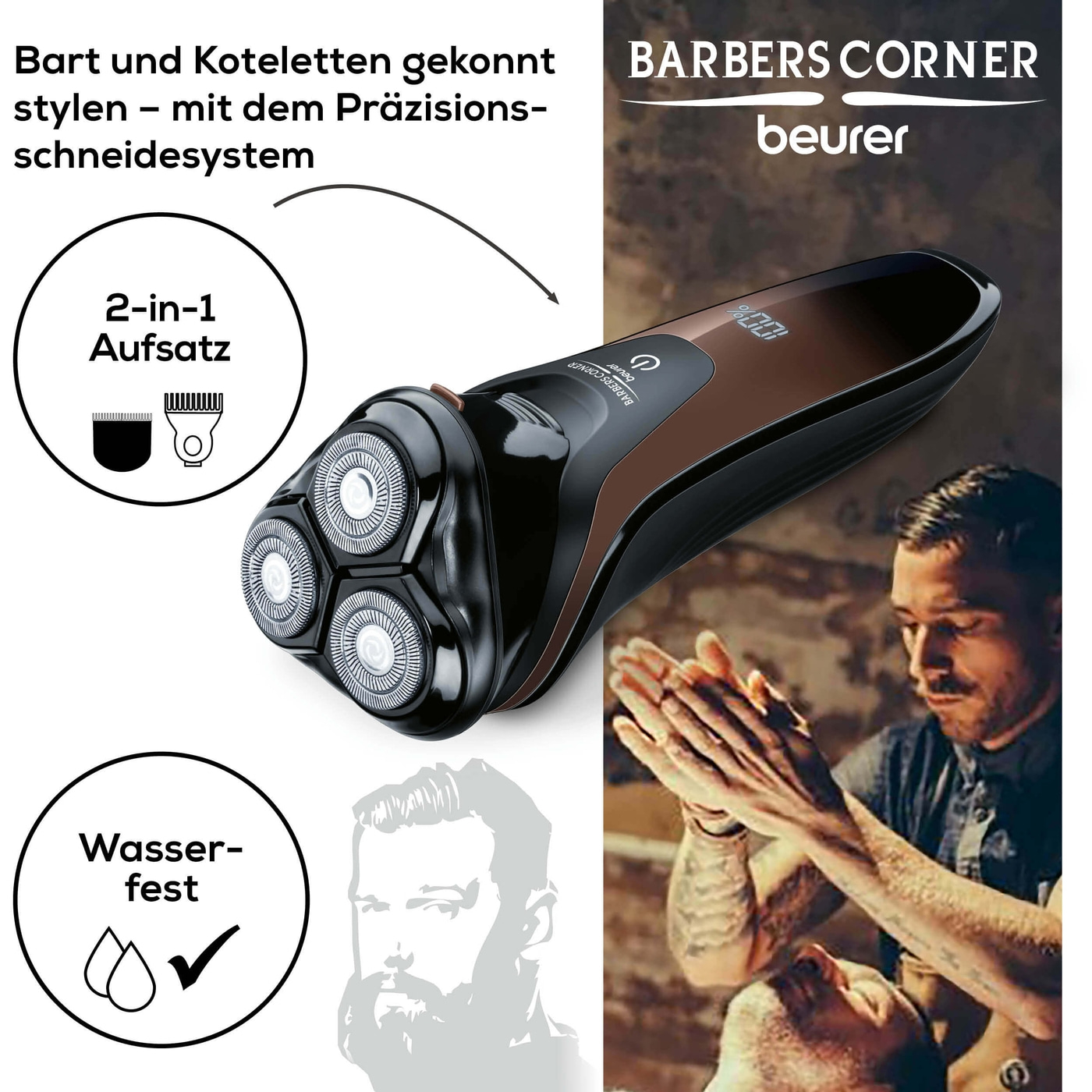 Beurer HR 8000 Rotationsrasierer-Rotationrasierer mit Präzisionsschneidesystem, 2-in-1 Bart & Kotelettenstyler