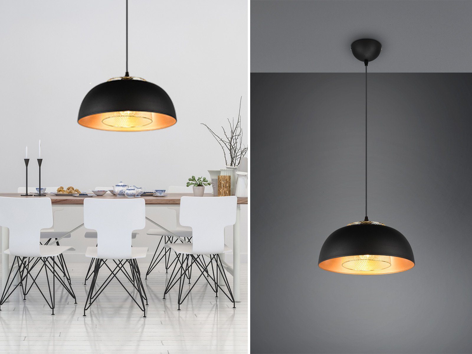 meineWunschleuchte LED Pendelleuchte, Dimmfunktion, LED wechselbar, warmweiß, Designer Esstischlampe einflammig über Kücheninsel Schwarz Gold, 35cm