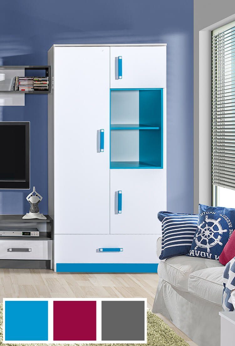 Feldmann-Wohnen Stauraumschrank Trafiko (3-türig, 1 Schublade, 2 offene Fächer, Farbapplikation wahlweise in blau, grau oder pink) 90cm weiß Farbapplikation wählbar 3-türig mit 1 Schublade