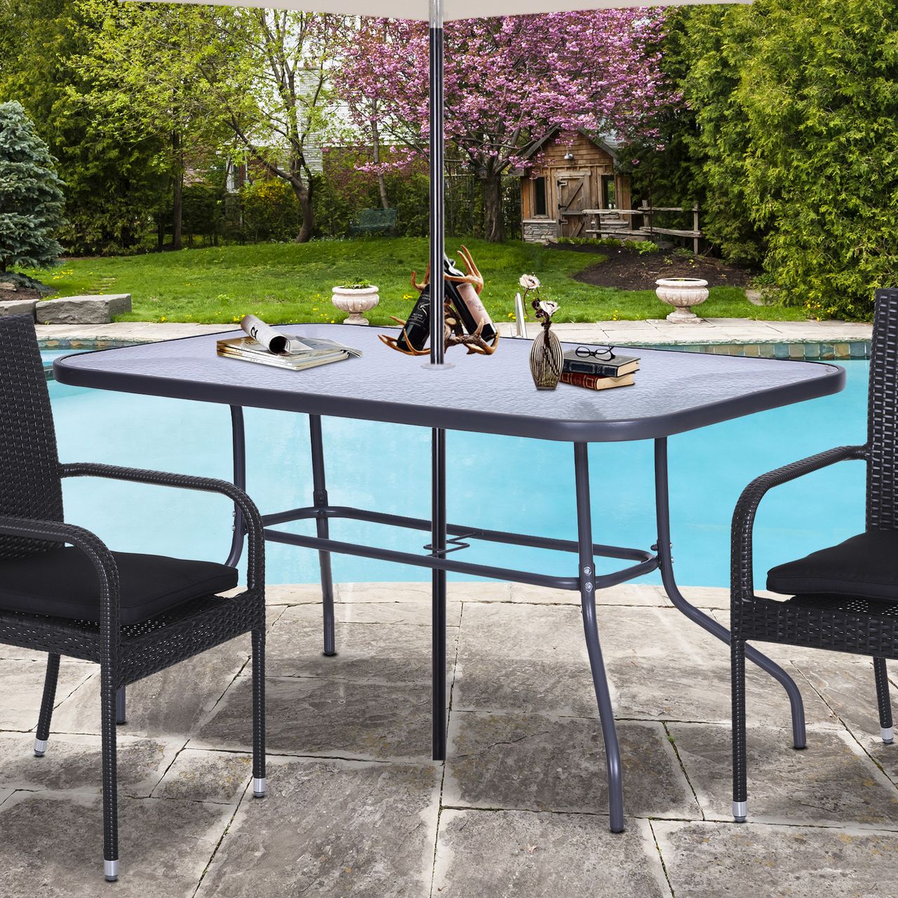 Outsunny Gartentisch Bistrotisch Balkontisch Garten Beistelltisch Bistrotisch Gartenmöbel mit Glasplatte Schirmloch Hartglas   Metall Carbongrau 120 x 80 x 70 cm