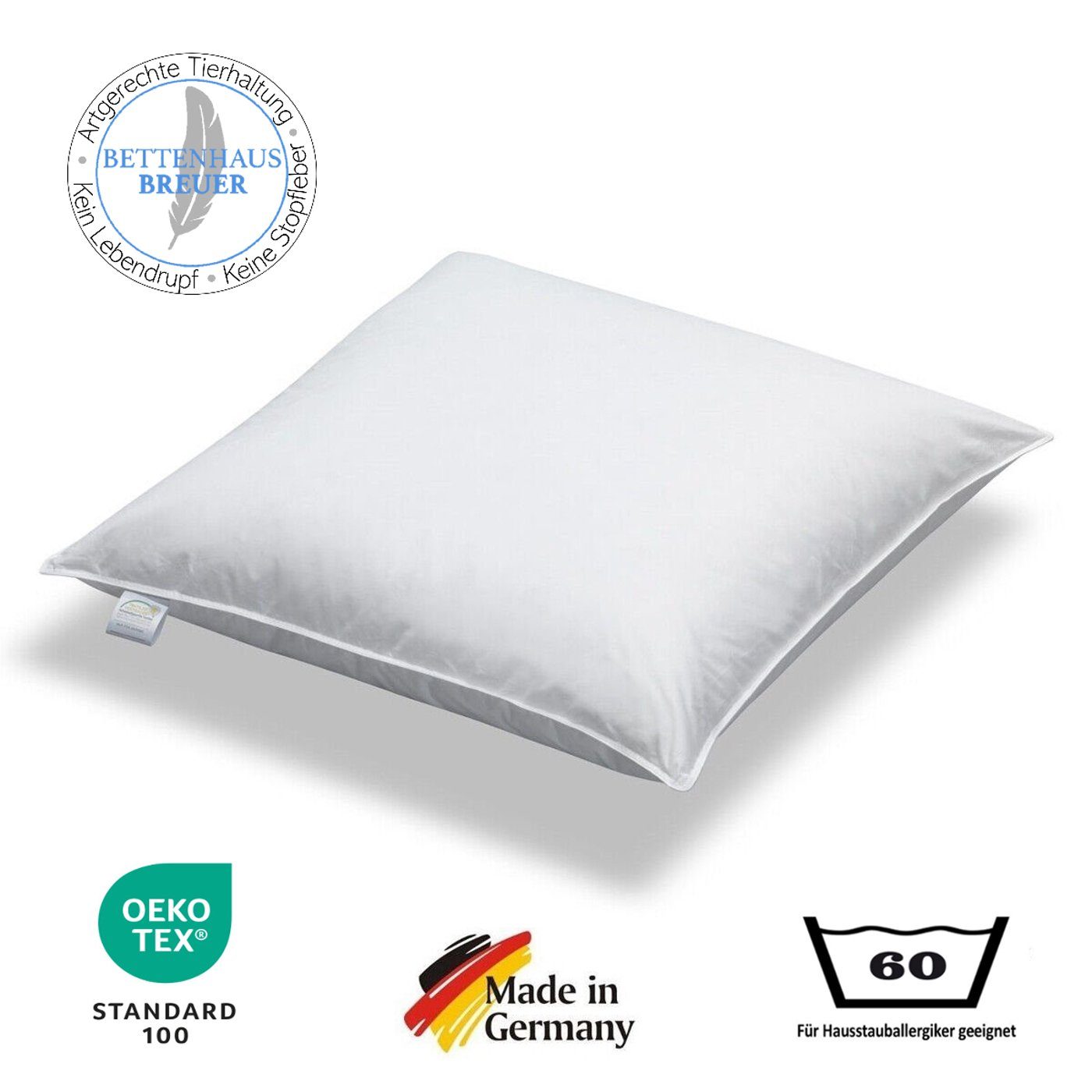 Daunenkissen Kopfkissen 100% sibirische Daunen 720g extra weich prall dick 80x80, Bettenhaus Breuer, Füllung: 100% Daunen, Bezug: 100% Baumwolle, Seitenschläfer, Rückenschläfer, Bauchschläfer, hergestellt in Deutschland